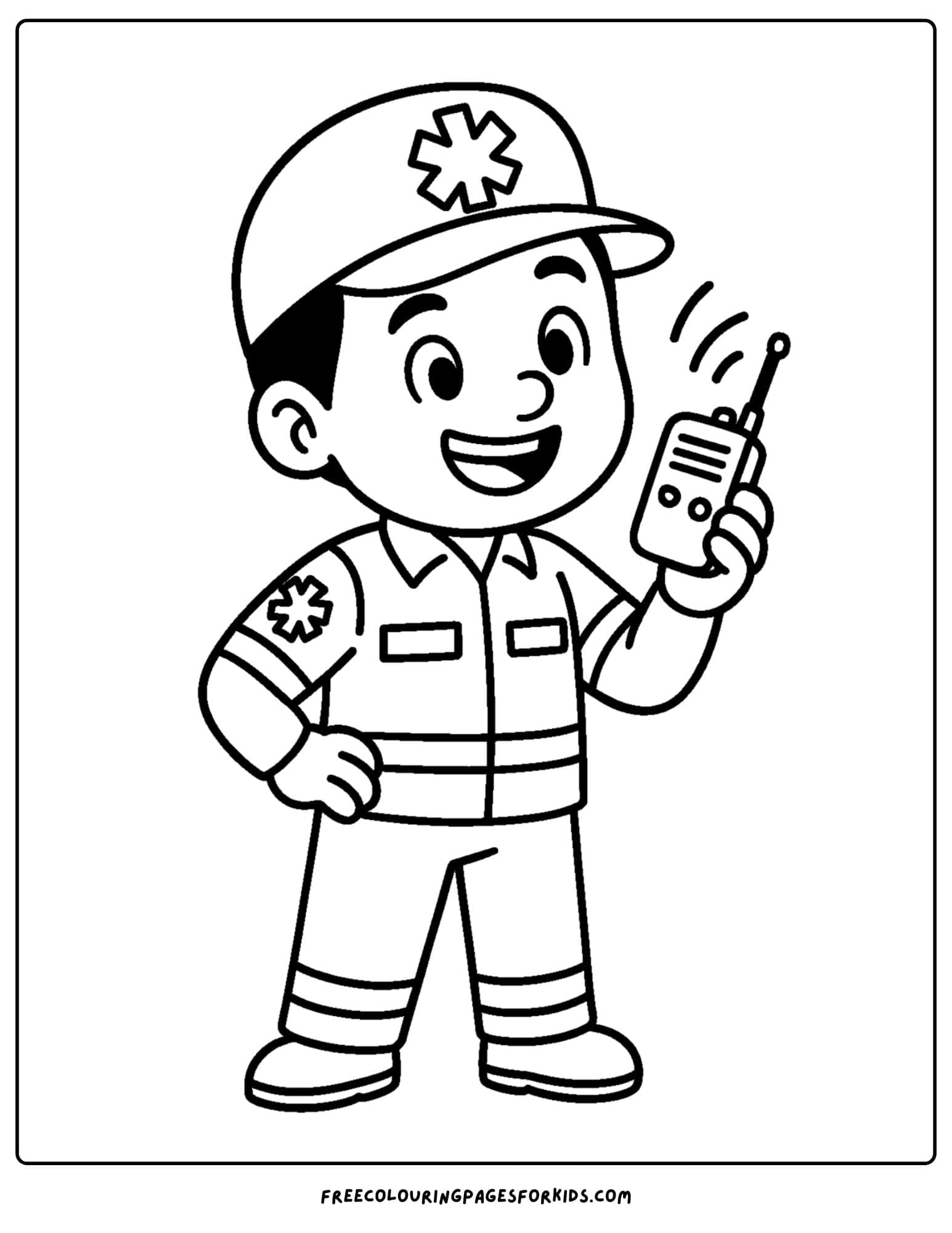 a paramedic emt coloring page featuring an emt using a walkie talkie