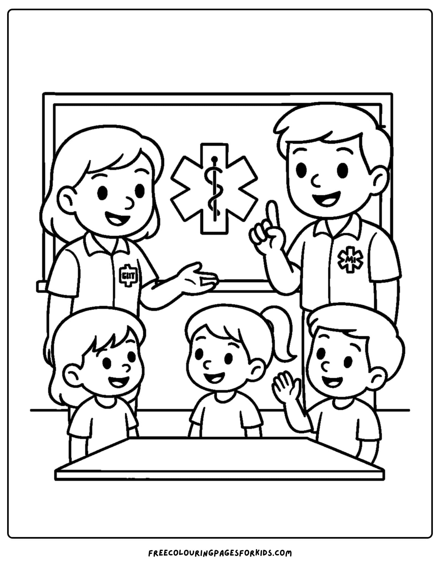 a paramedic emt coloring page featuring a school visit on health safety