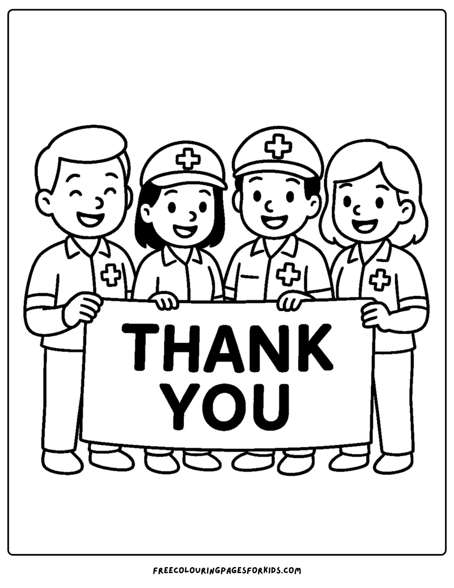a paramedic emt coloring page featuring staff with a thank you banner