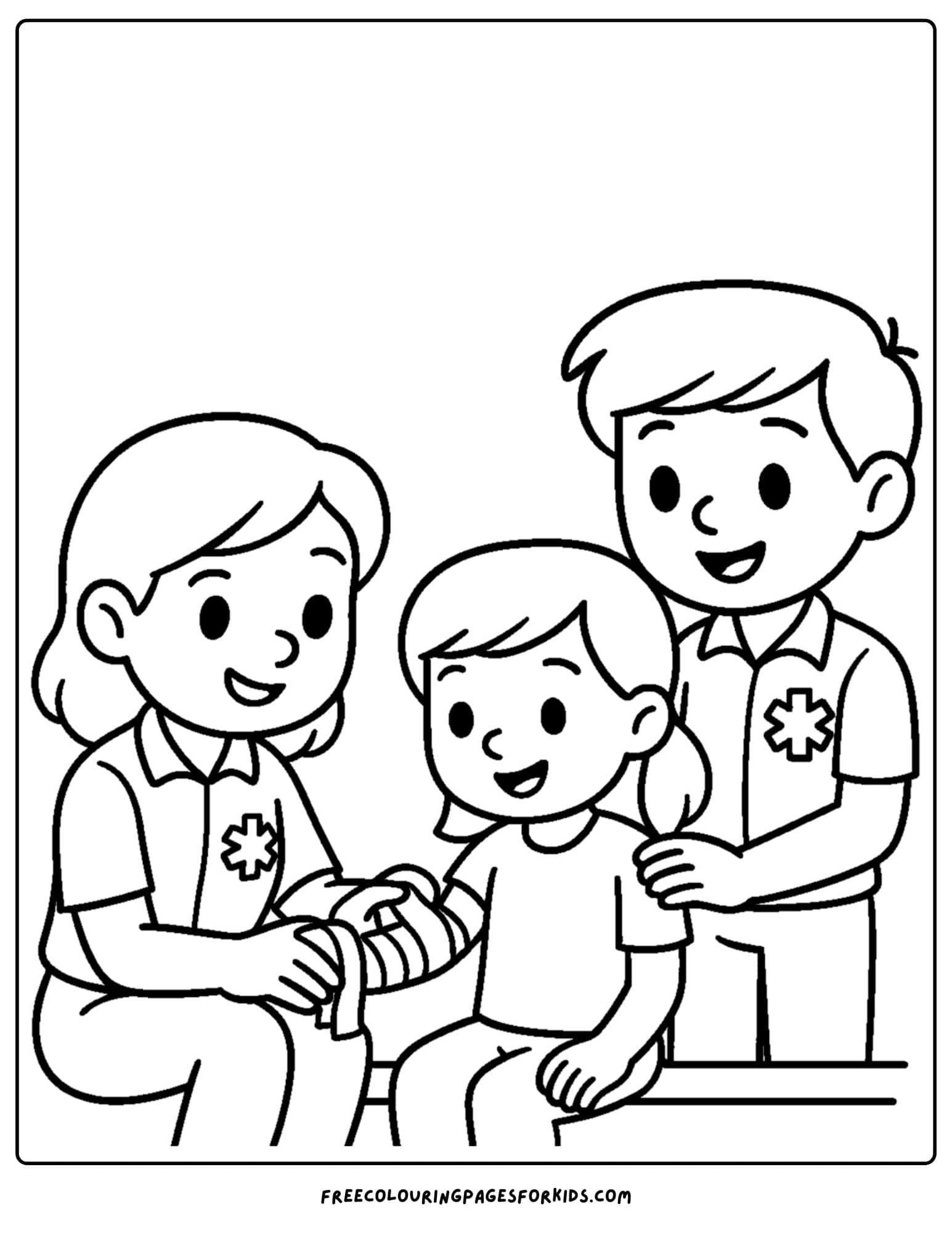 a paramedic emt coloring page featuring a child having their arm bandaged