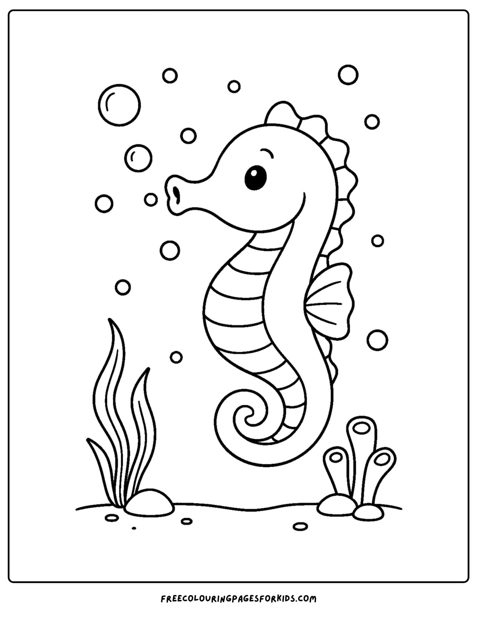a seahorse coloring page featuring a seahorse blowing bubbles