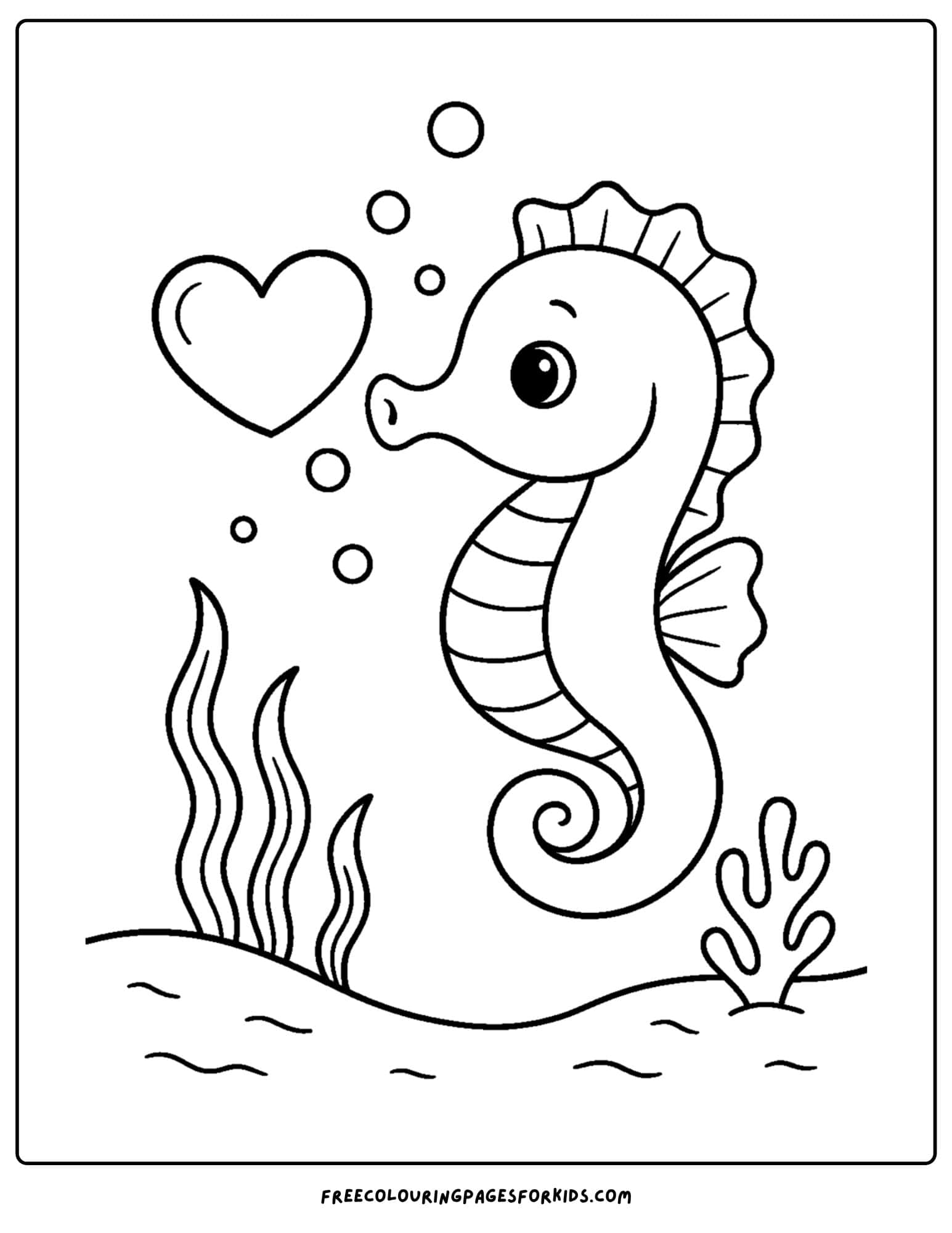 a seahorse coloring page featuring a seahorse blowing a heart shaped bubble