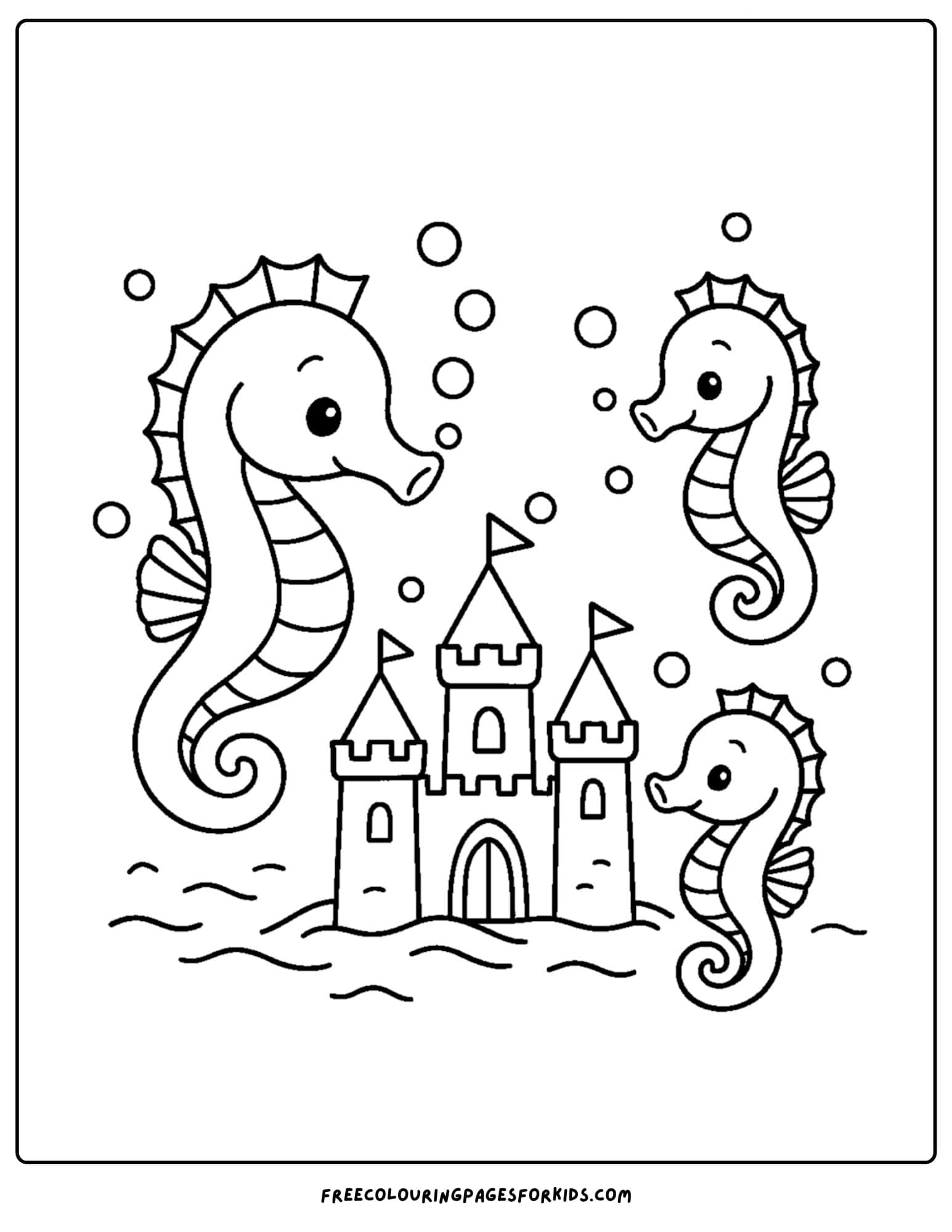 a seahorse coloring page featuring a seahorse finding an underwater castle