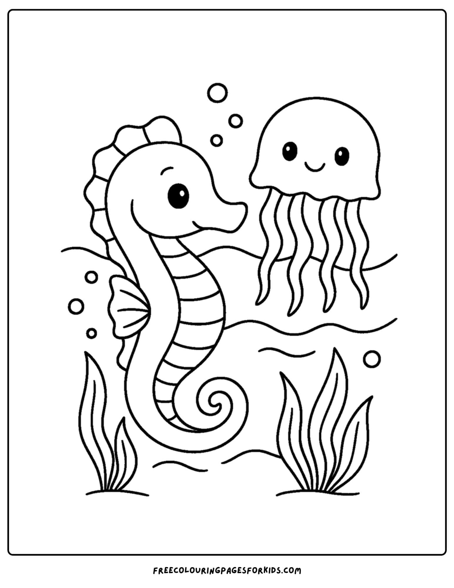 a seahorse coloring page featuring a seahorse and a jellyfish