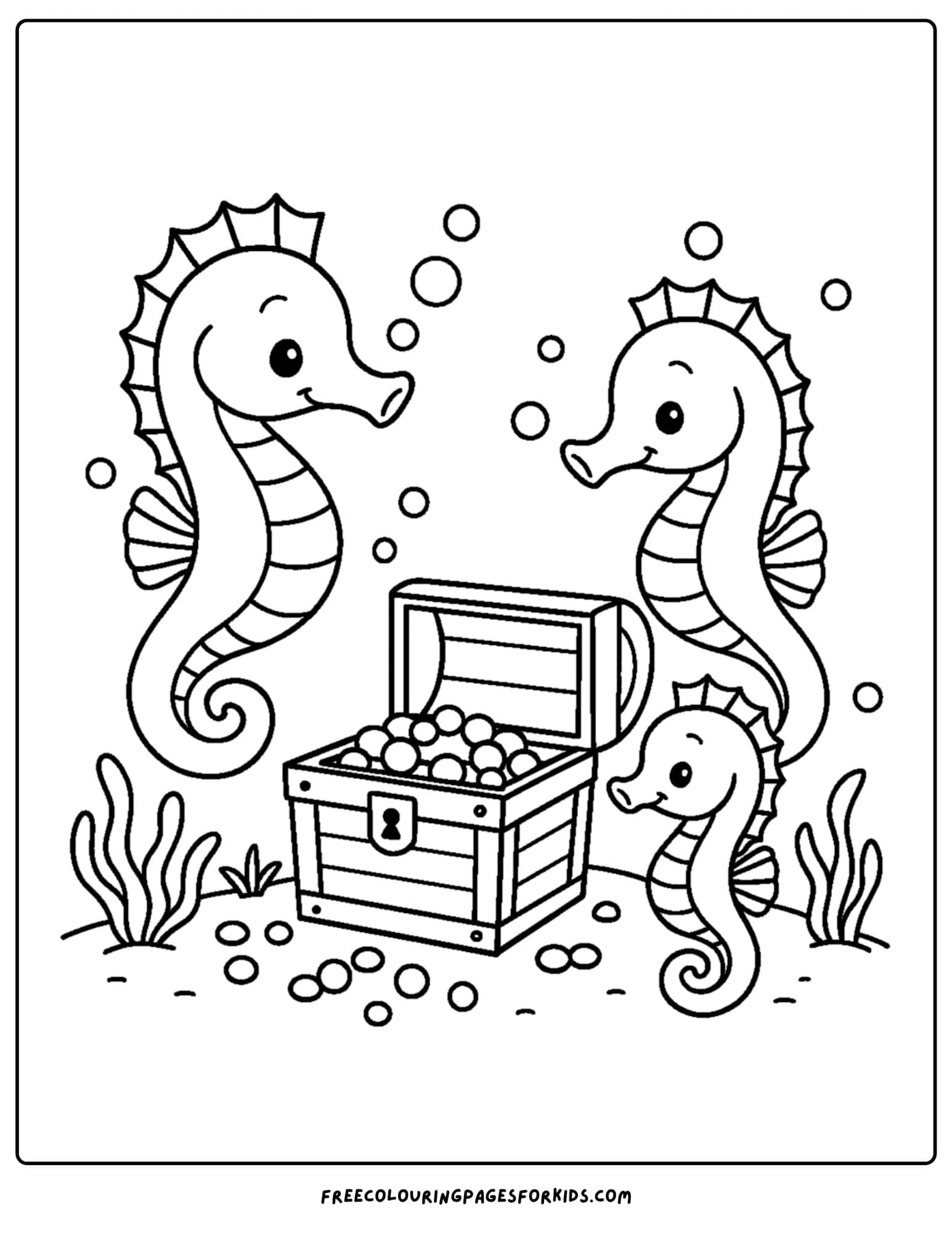 a seahorse coloring page featuring a seahorse finding a treasure chest with his friends