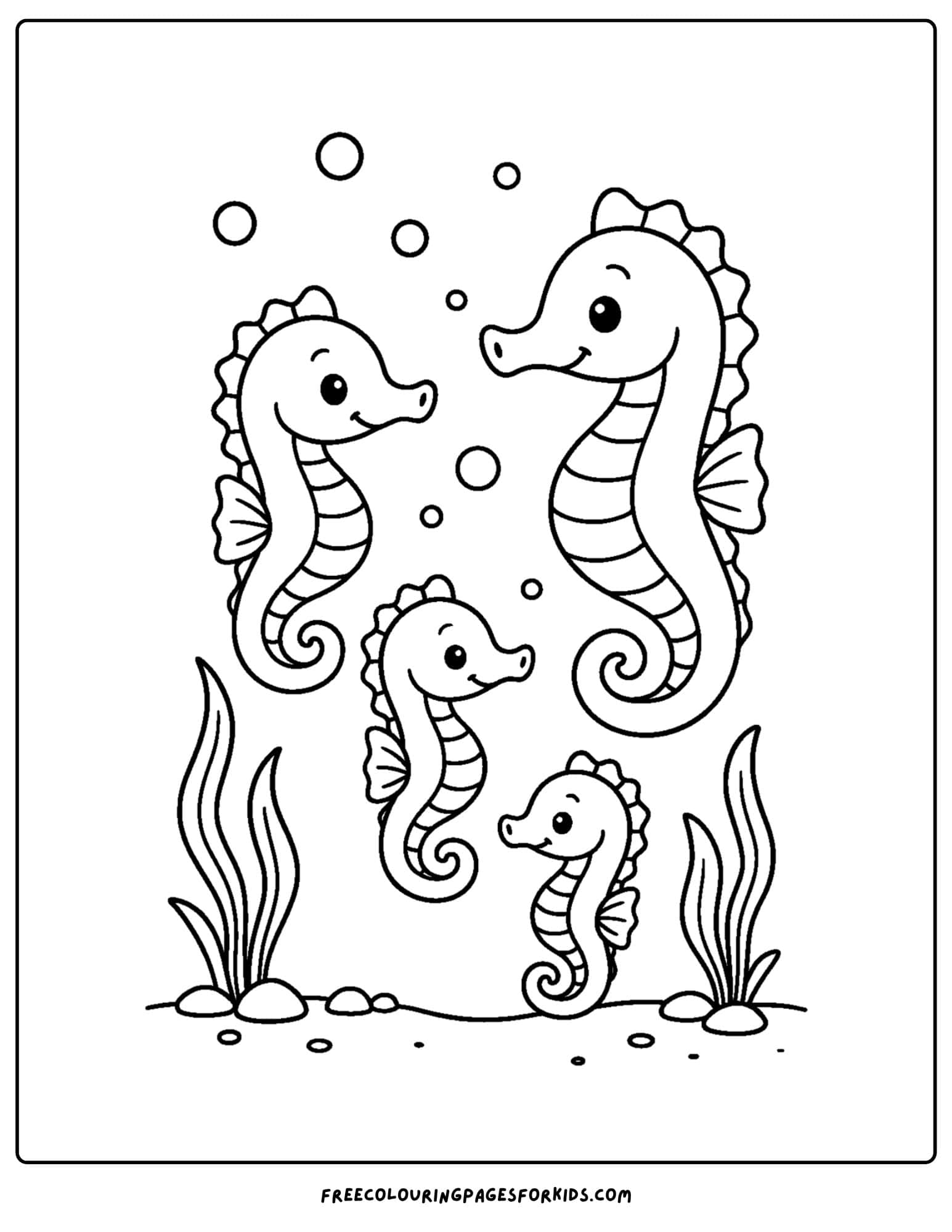 a seahorse coloring page featuring a family of seahorses together