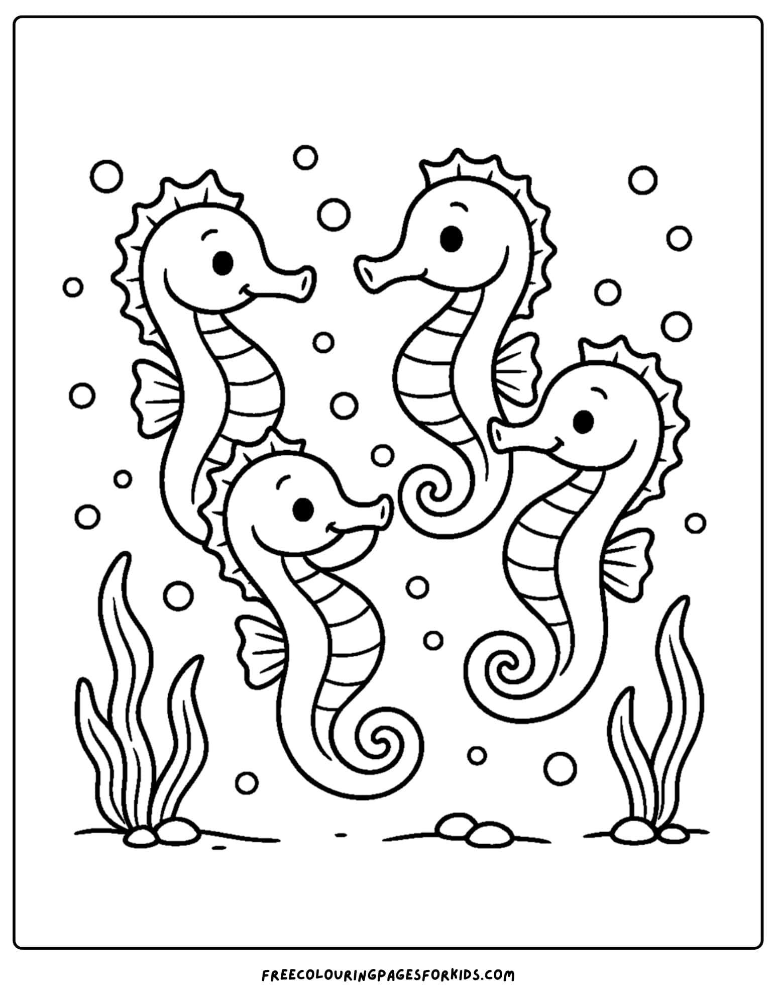 a seahorse coloring page featuring a shoal of seahorses