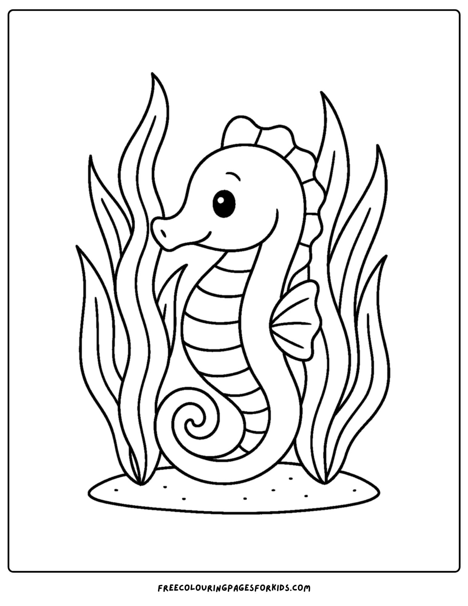 a seahorse coloring page featuring a seahorse hiding in the seaweed