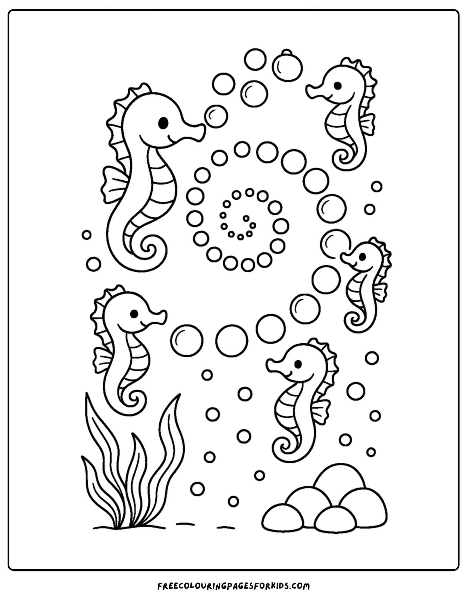 a seahorse coloring page featuring seahorses making a bubble spiral