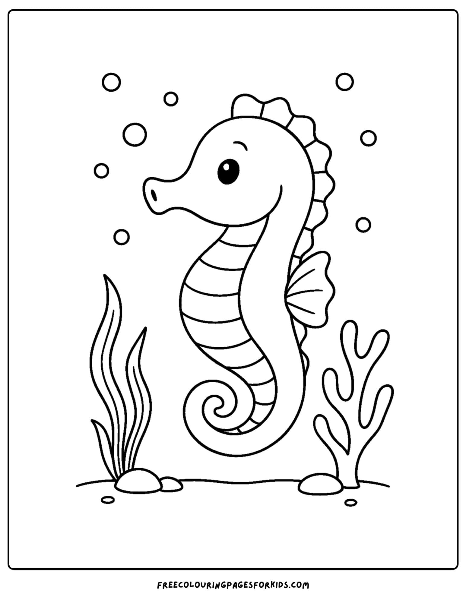 a seahorse coloring page featuring a seahorse near a coral reef