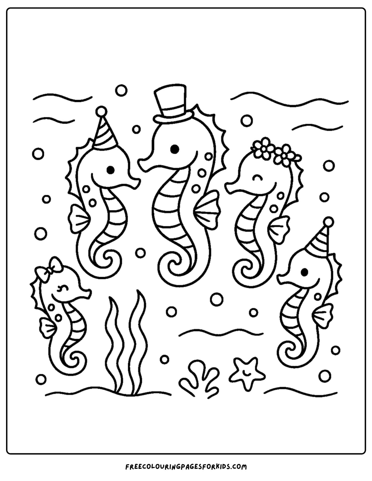 a seahorse coloring page featuring a parade of seahorses