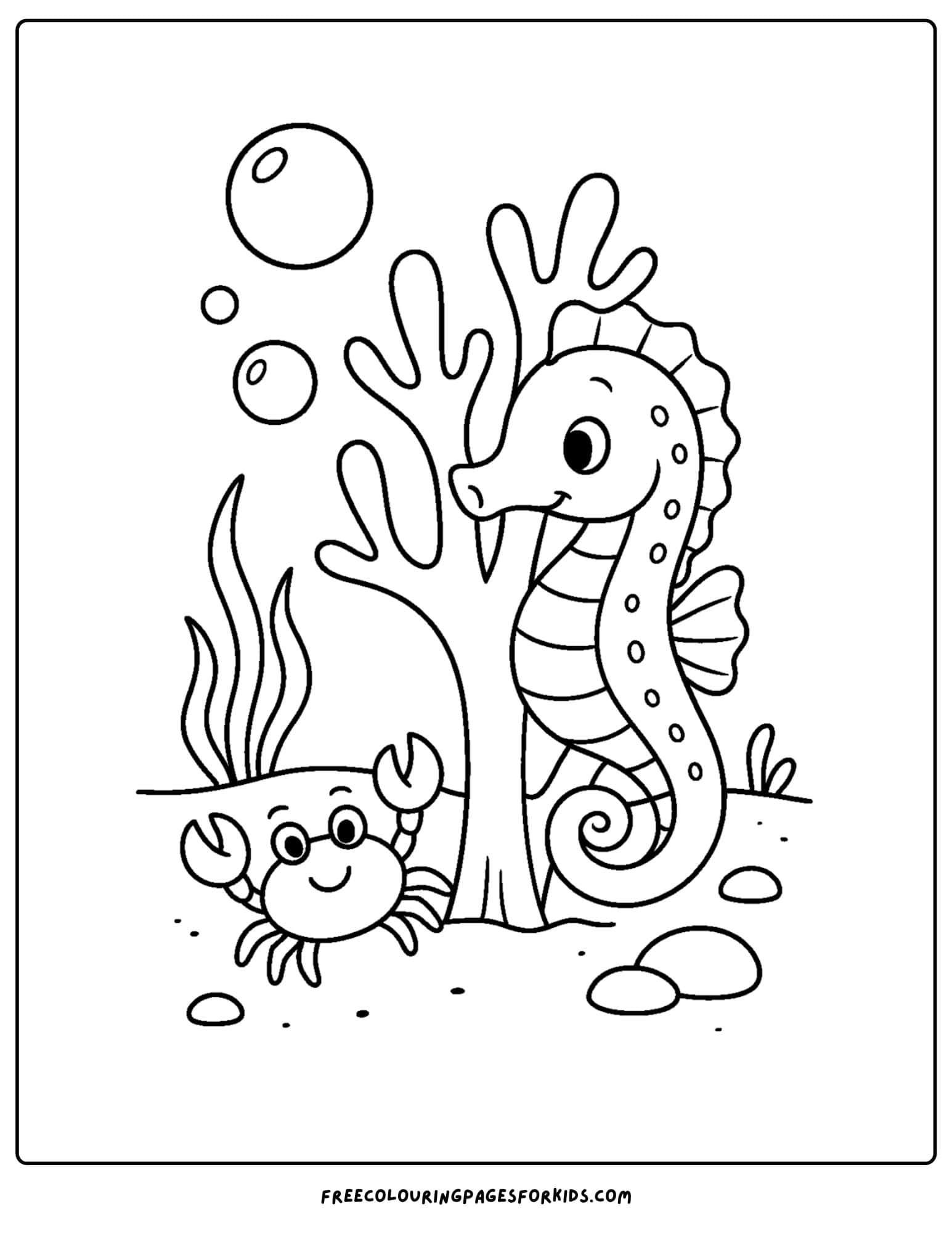a seahorse coloring page featuring a seahorse playing hide and seek with a crab