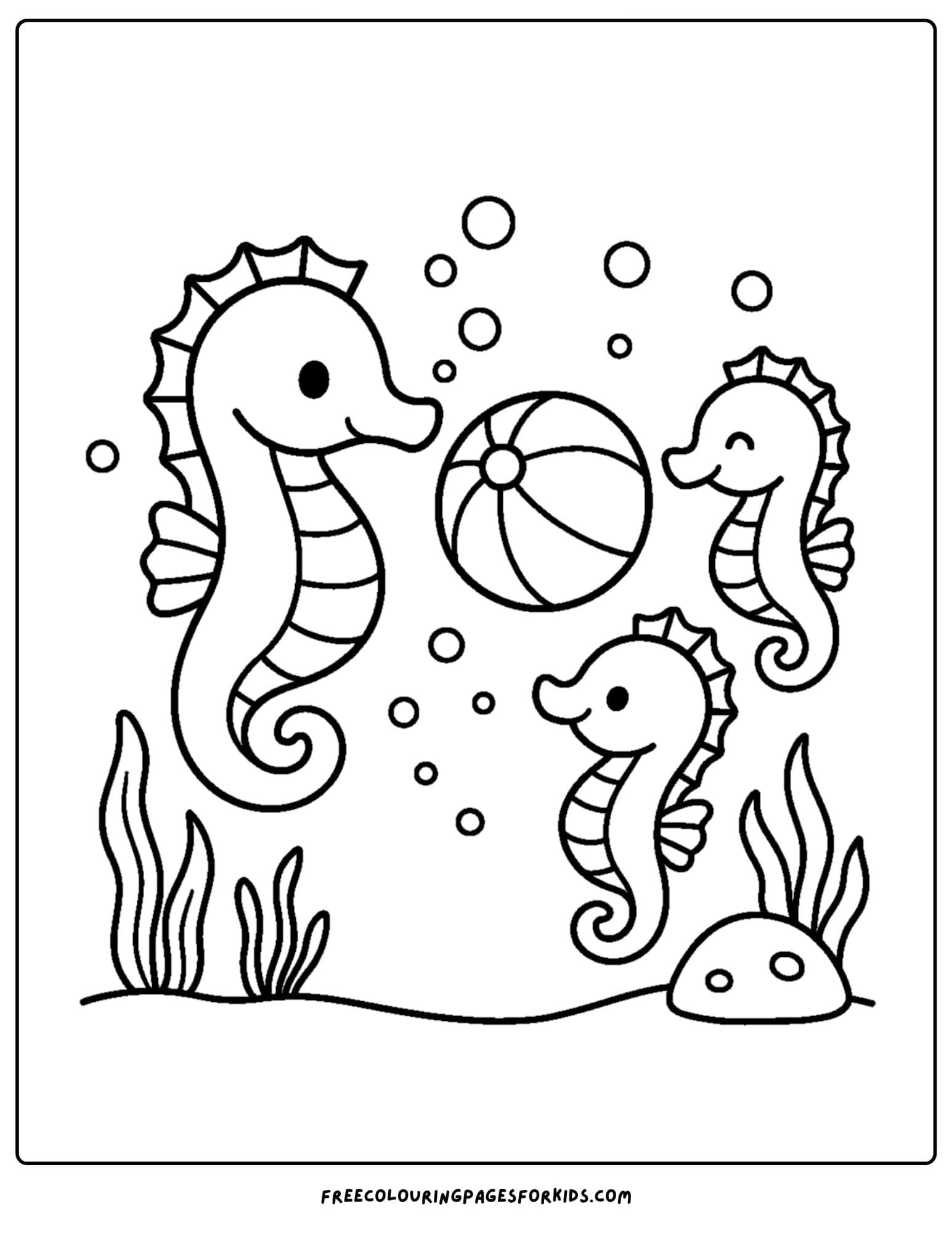 a seahorse coloring page featuring a seahorse playing ball with other seahorses
