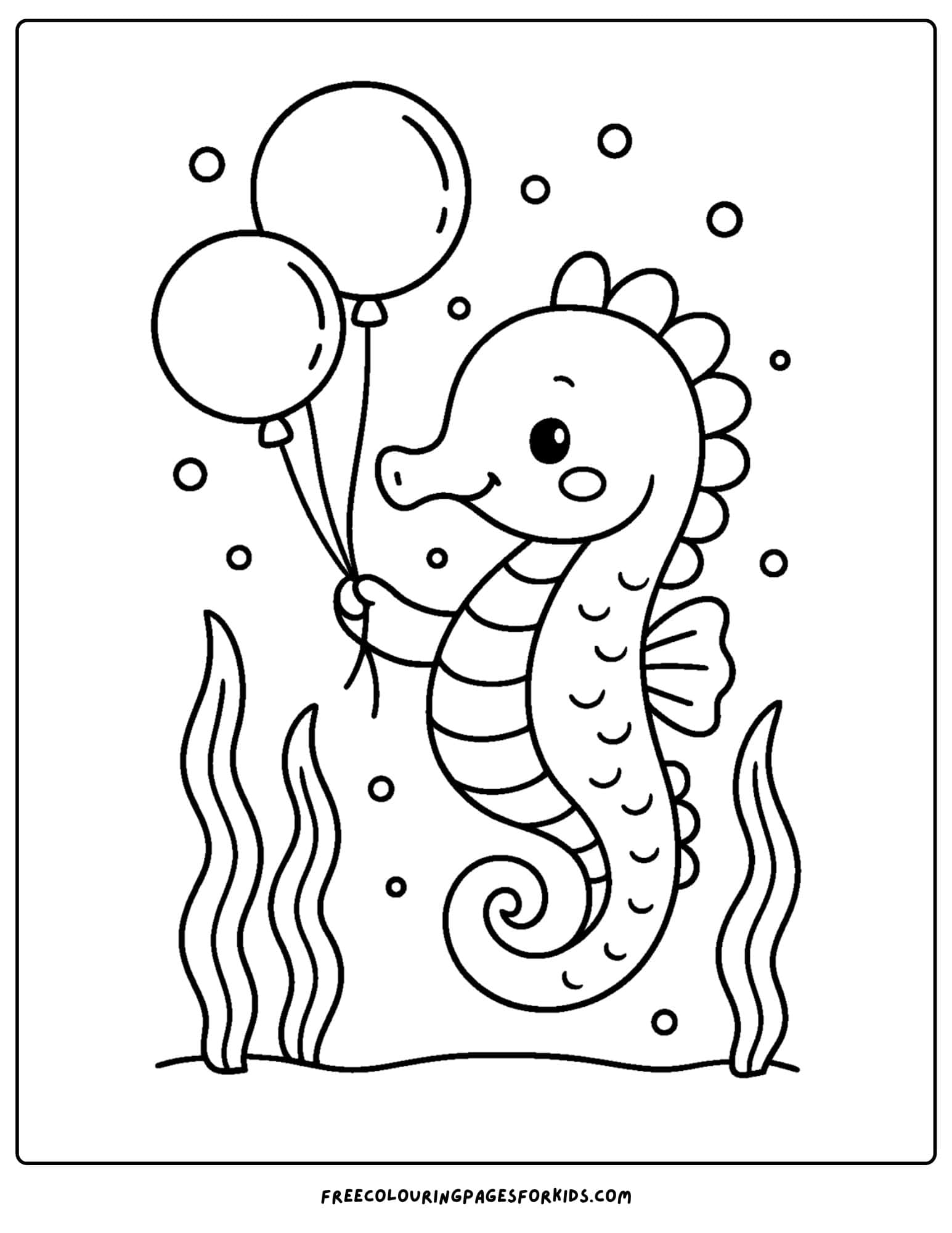 a seahorse coloring page featuring a seahorse holding some balloons