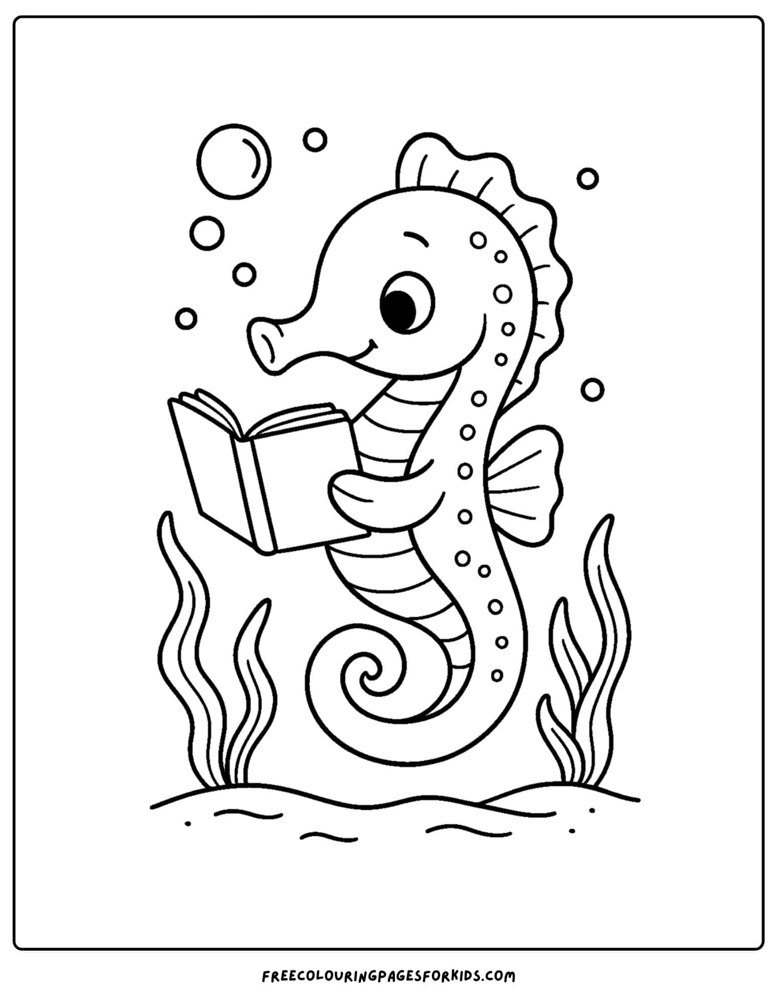 a seahorse coloring page featuring a seahorse reading a book