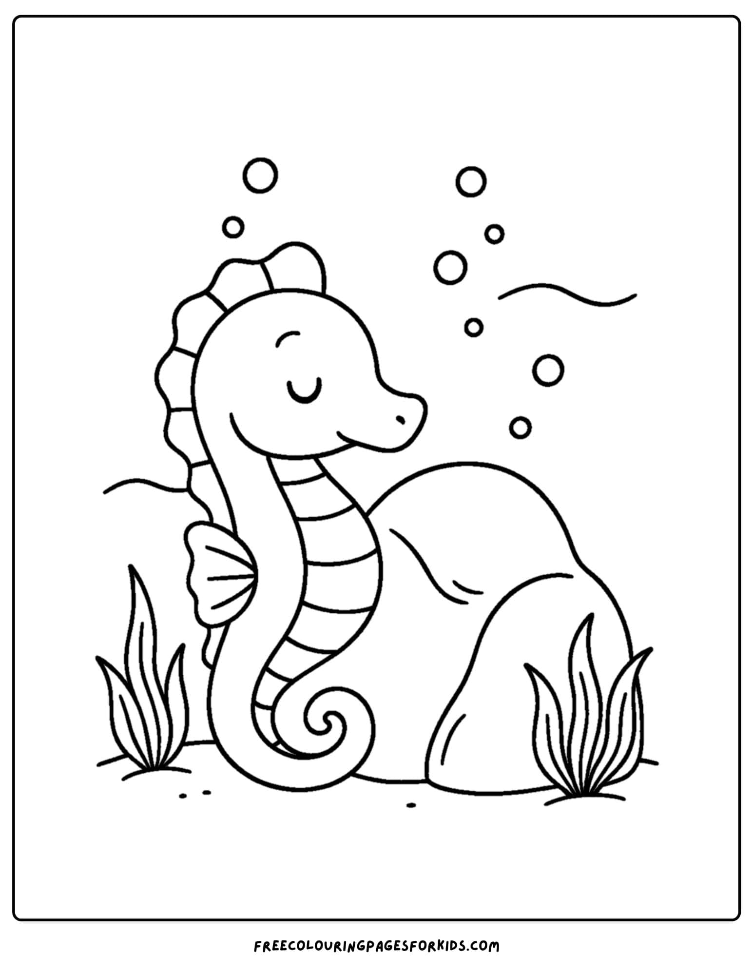 a seahorse coloring page featuring a seahorse resting next to a rock