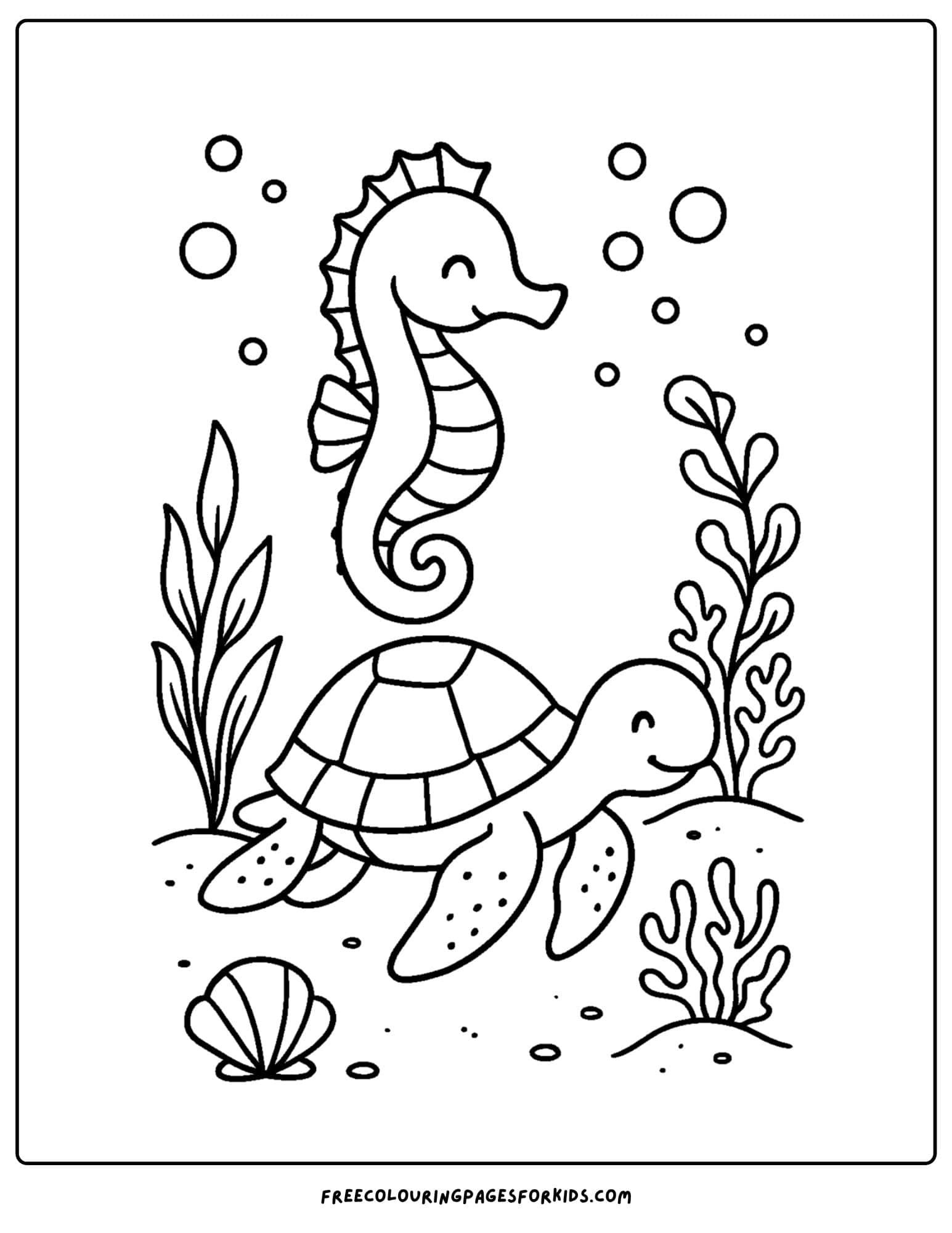 a seahorse coloring page featuring a seahorse playing with a turtle