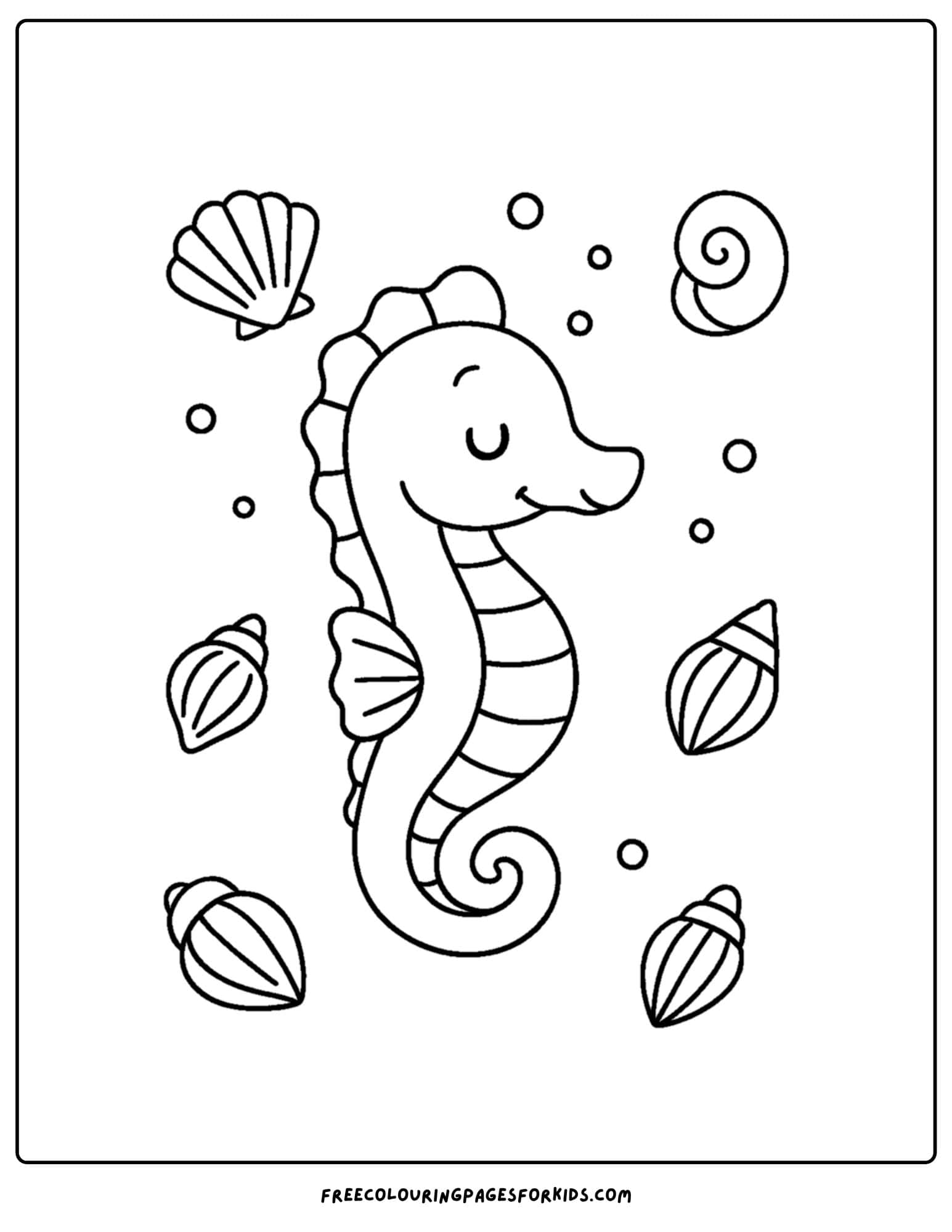 a seahorse coloring page featuring a seahorse surrounded by seashells