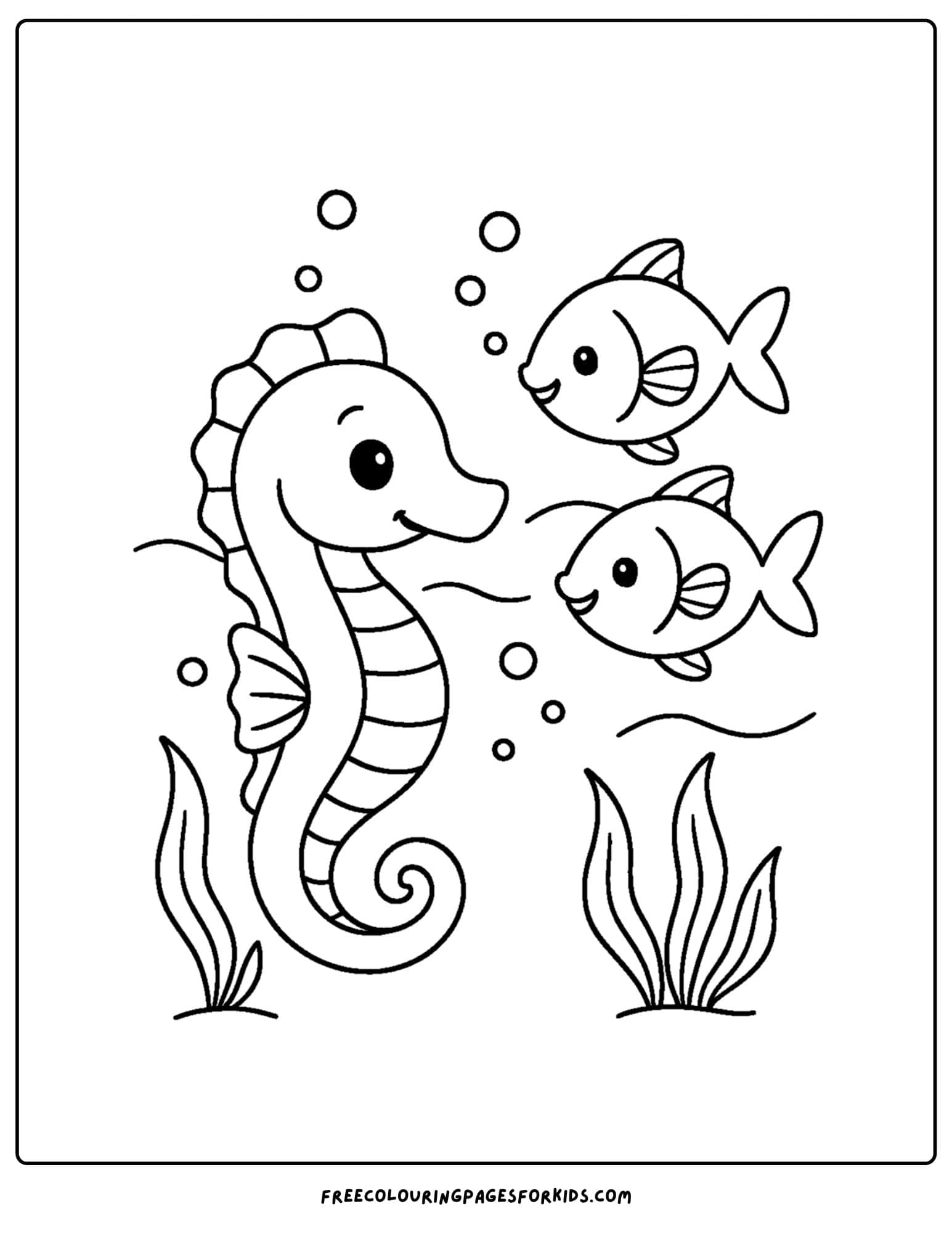 a seahorse coloring page featuring a seahorse and fish