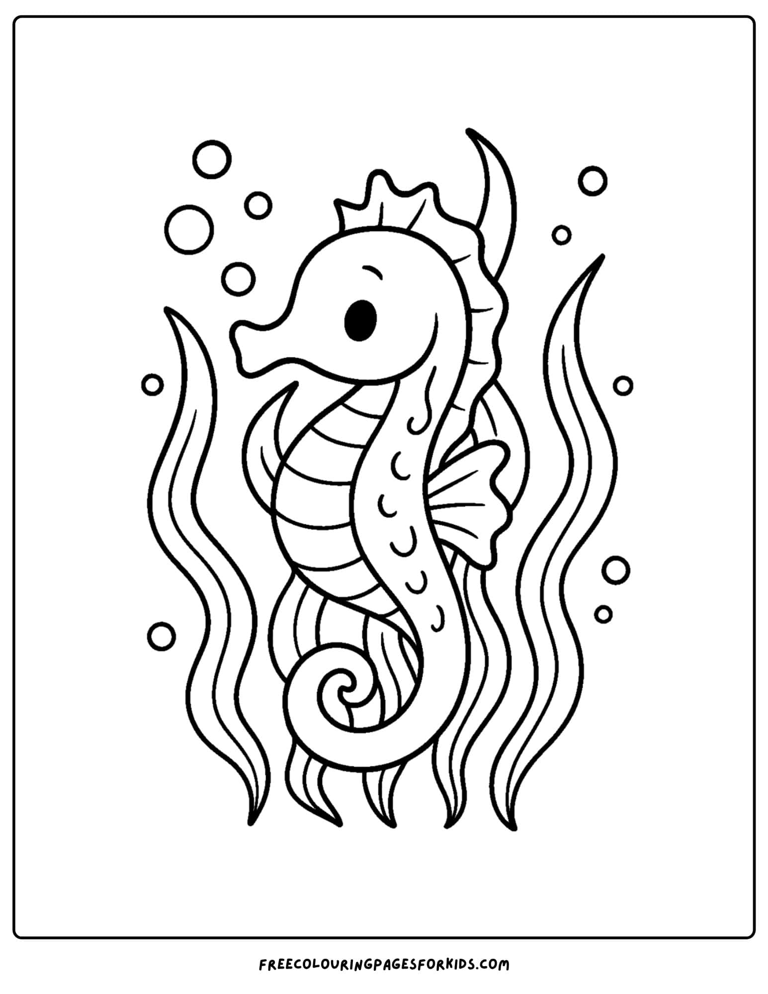 a seahorse coloring page featuring a seahorse tangled in some seaweed