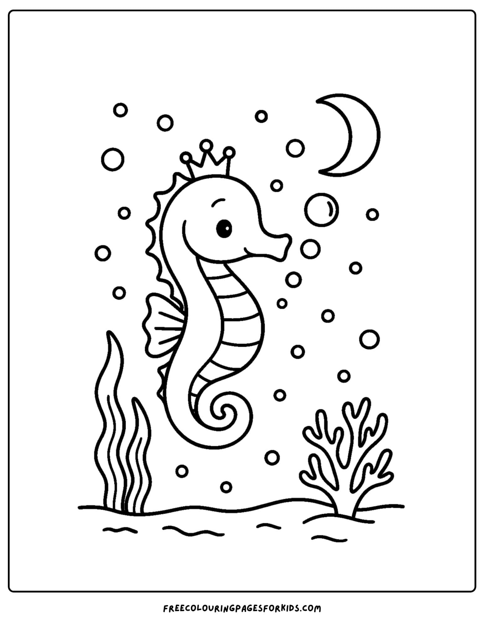 a seahorse coloring page featuring a seahorse swimming under the moon light
