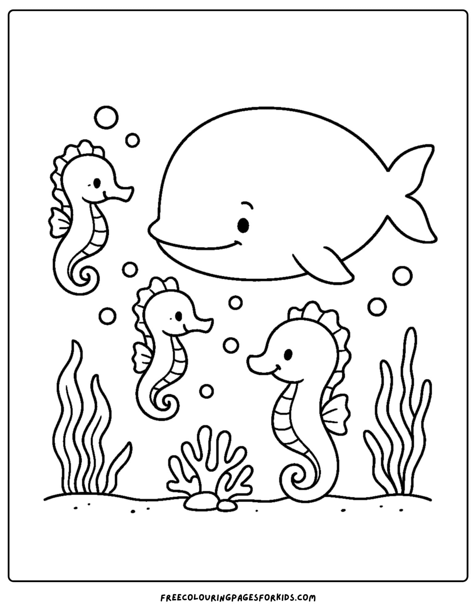 a seahorse coloring page featuring some seahorses with a whale