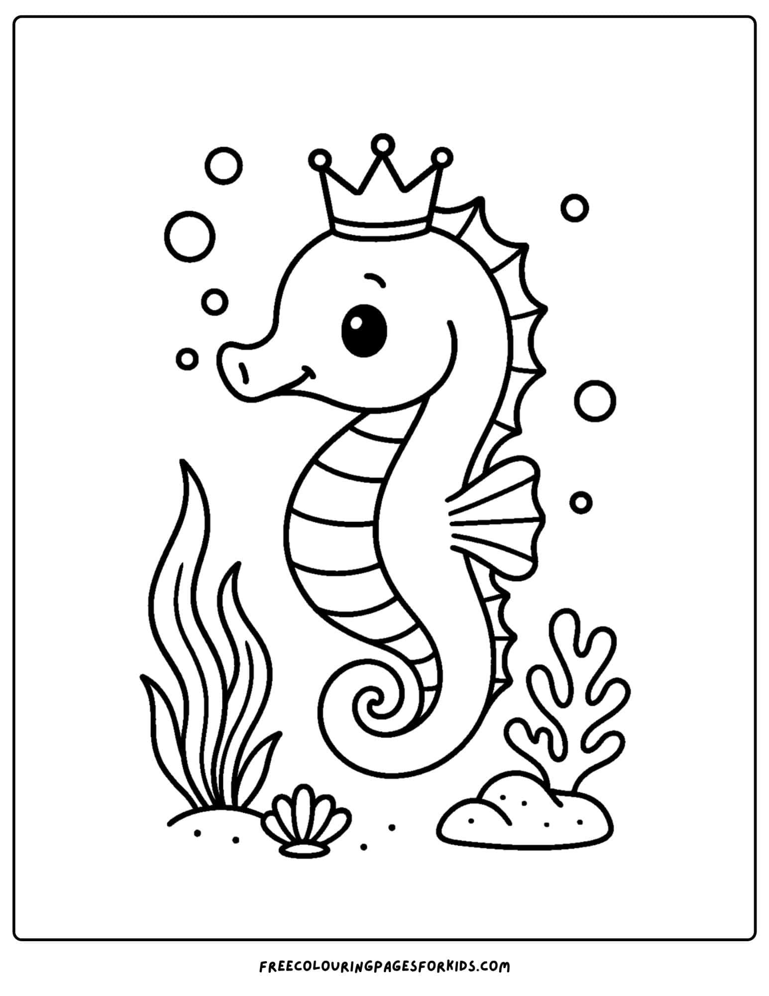 a seahorse coloring page featuring a seahorse wearing a crown
