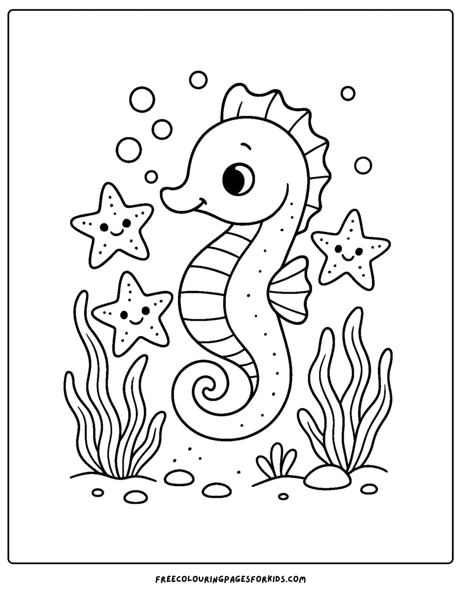 a seahorse coloring page featuring a seahorse with some starfish and coral