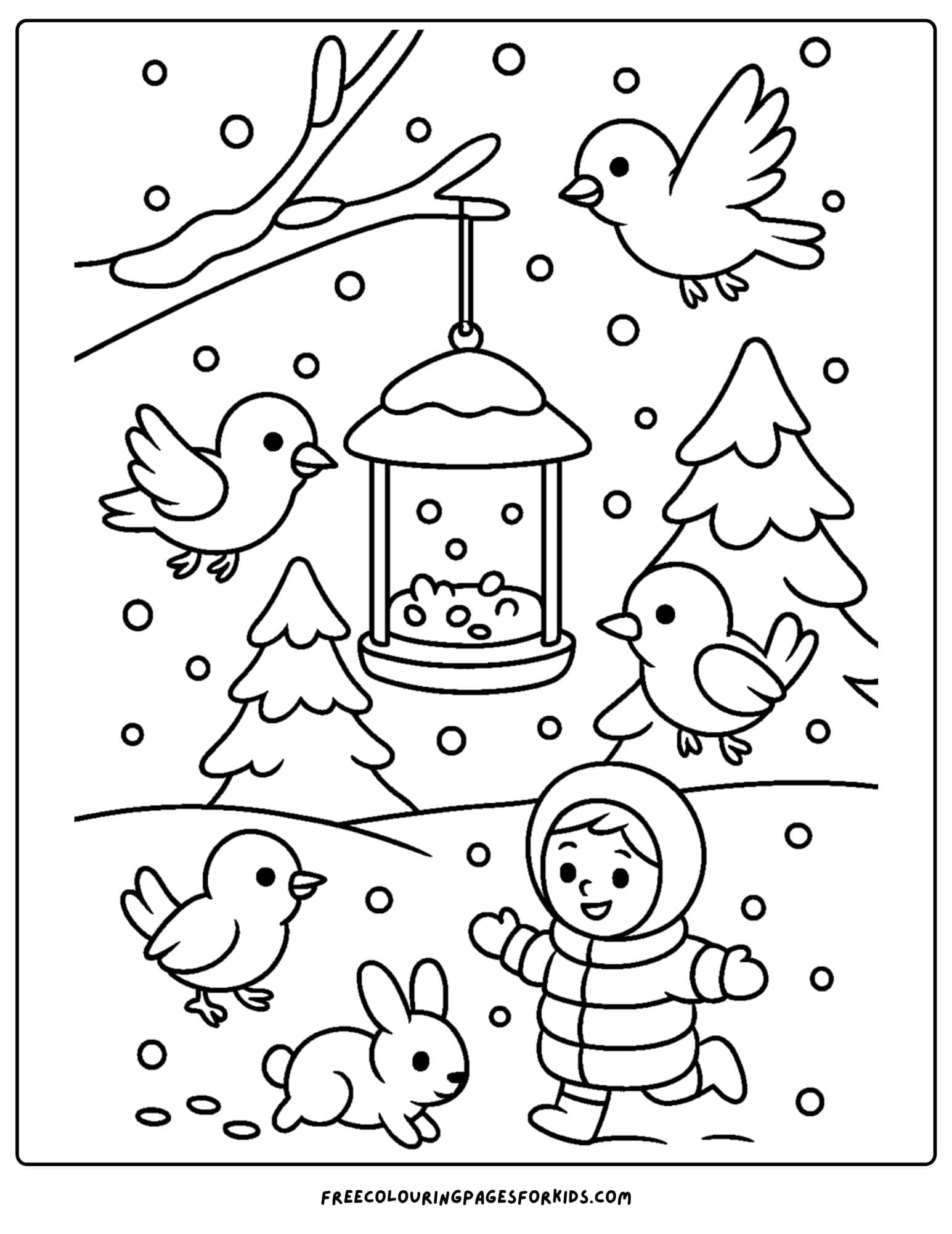 a snow coloring page featuring birds and a bird feeder in the snow