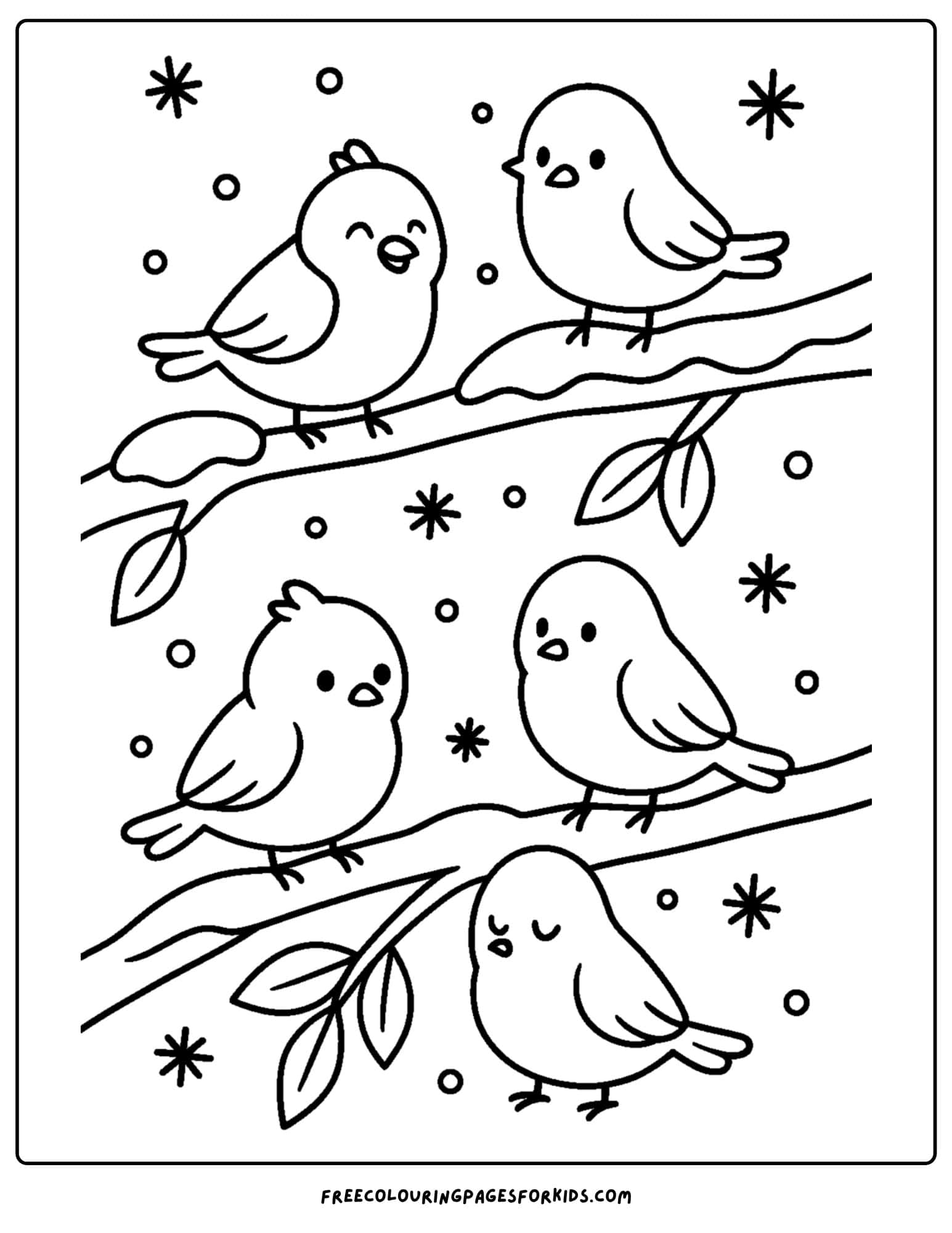 a snow coloring page featuring birds on a snowy branch