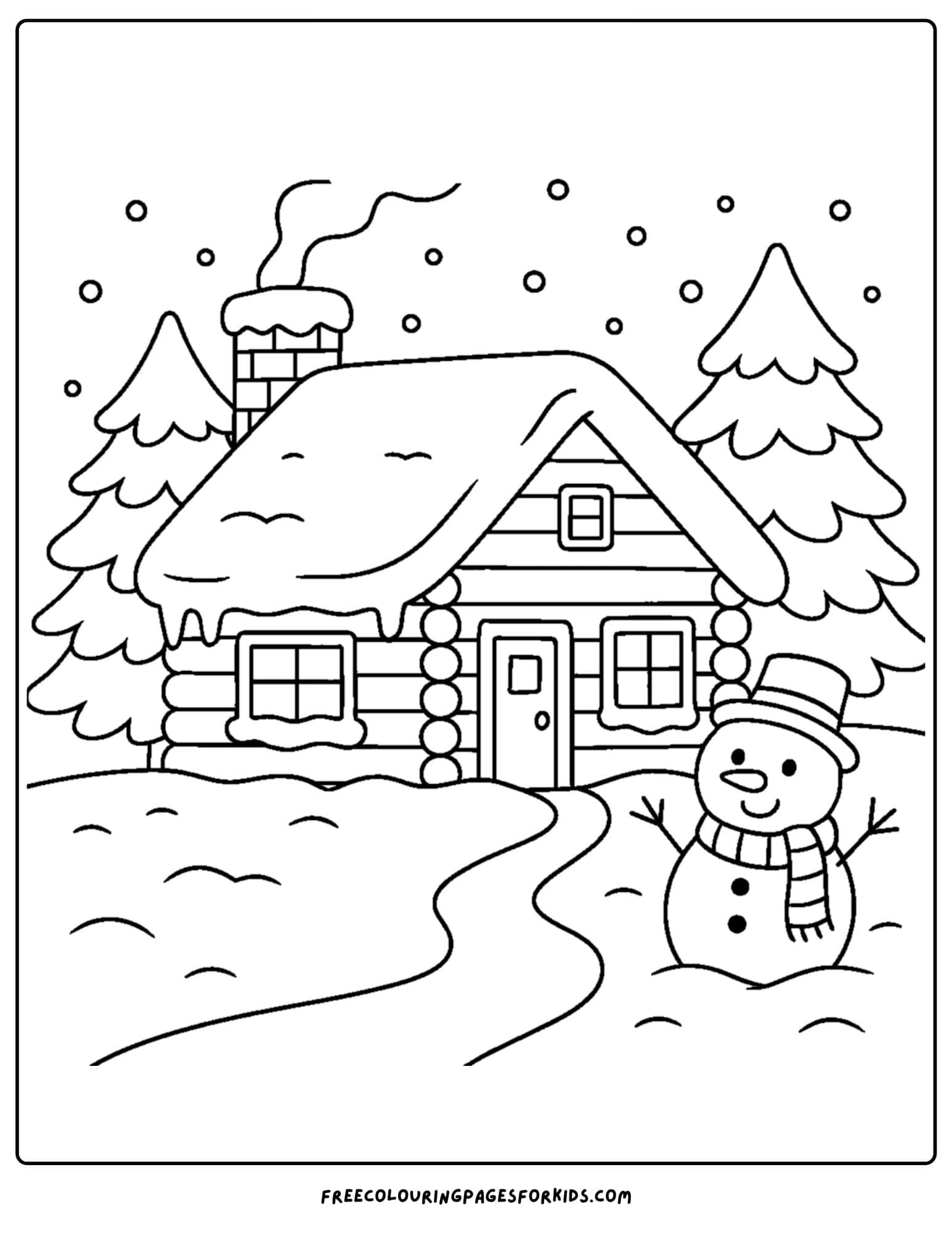 a snow coloring page featuring a cabin covered in snow with a snowman outside