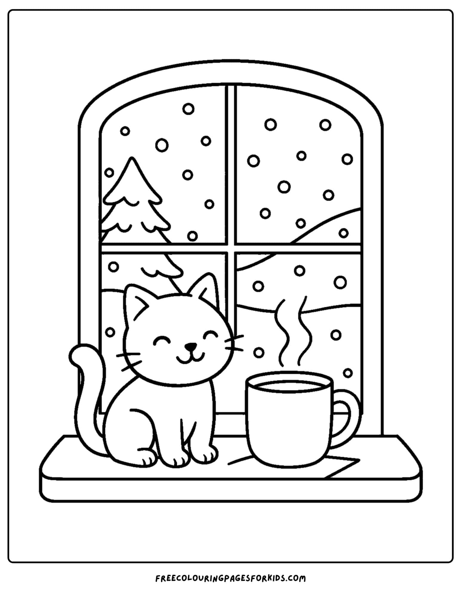 a snow coloring page featuring a cat sitting in the window watching the snow fall