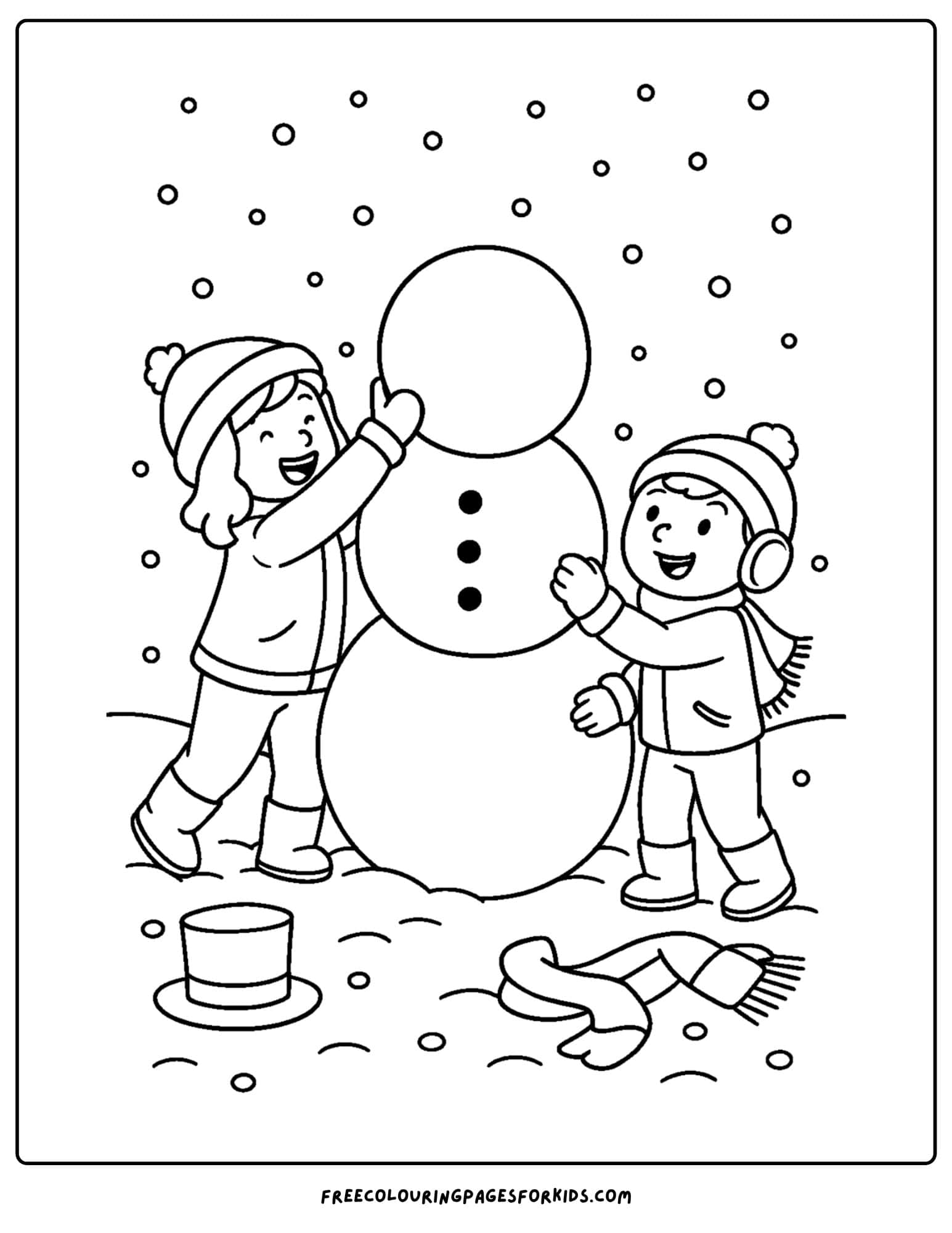 a snow coloring page featuring children building a snowman