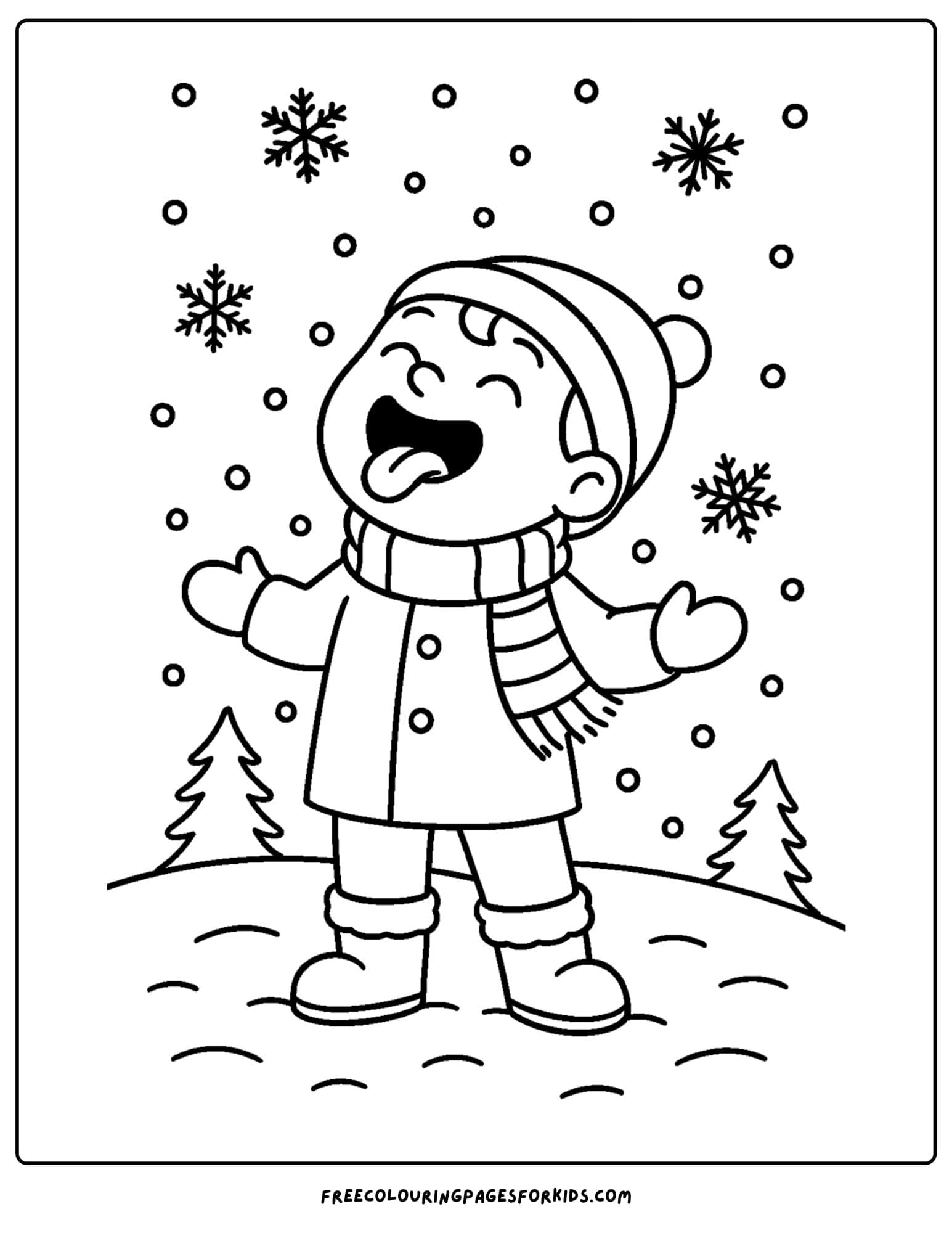 a snow coloring page featuring a child catching snowflakes in their mouth