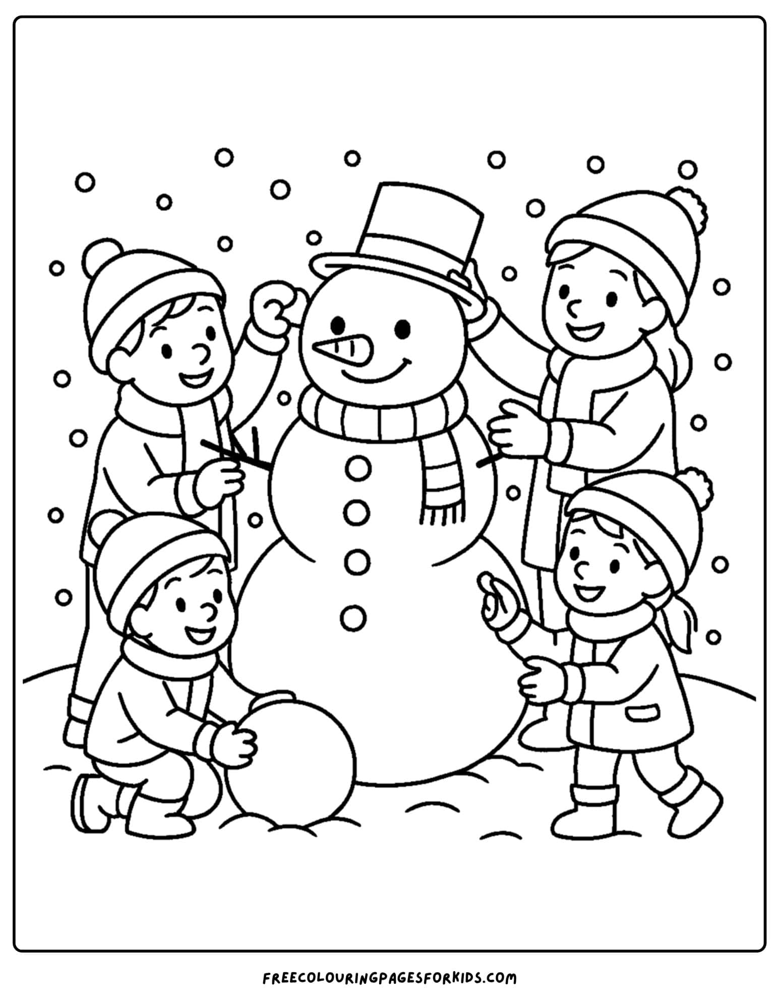 a snow coloring page featuring kids decorating a snowman