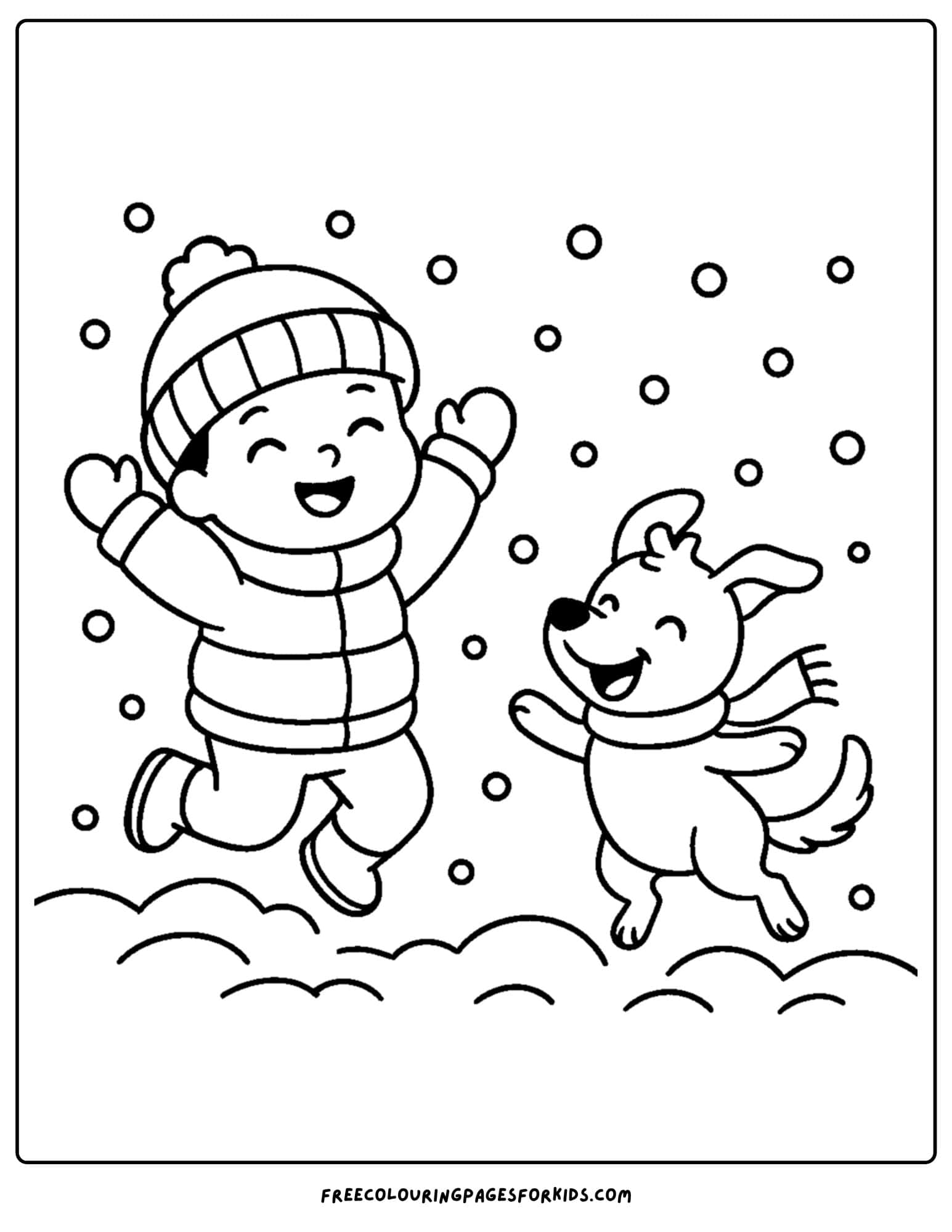 a snow coloring page featuring a child and dog jumping in the snow
