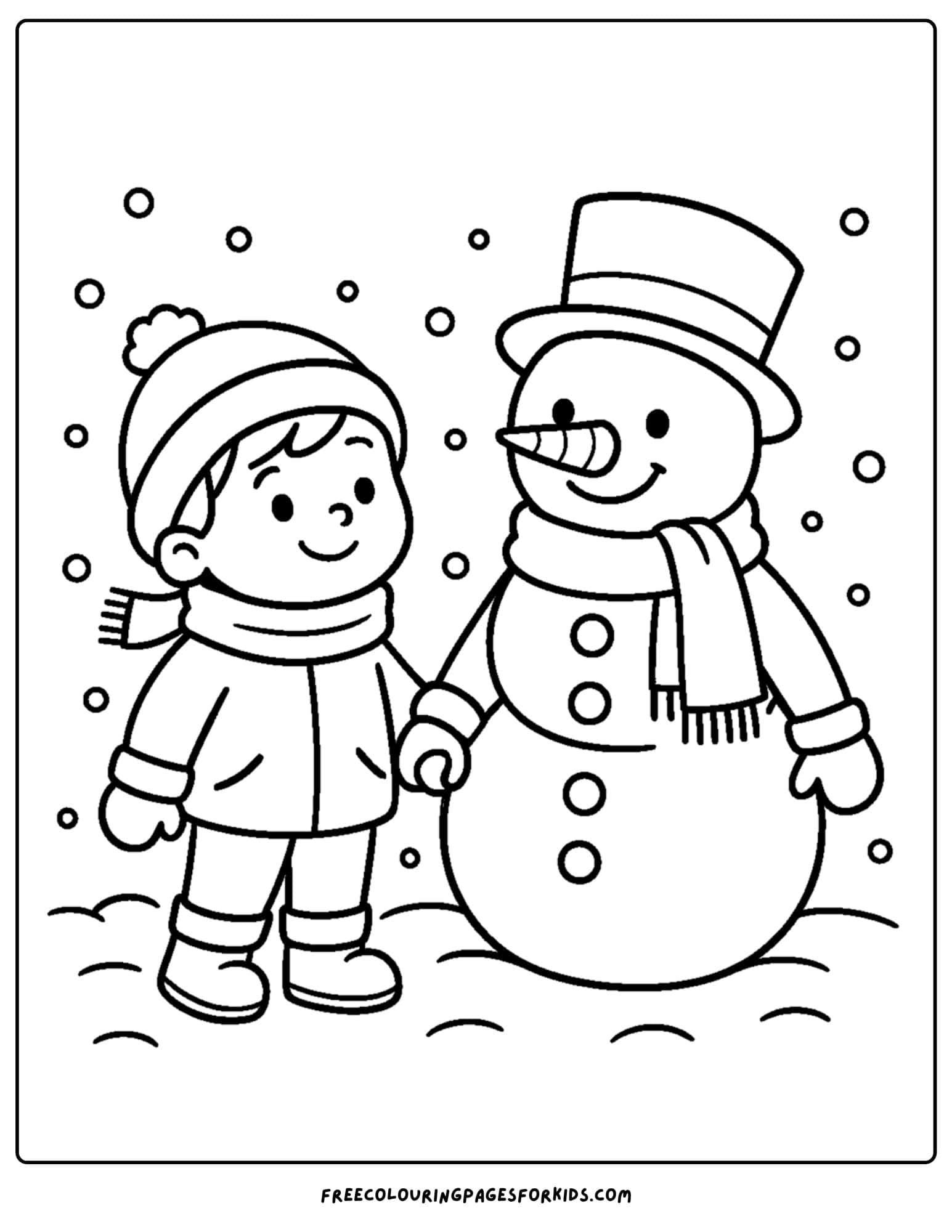 a snow coloring page featuring a child holding the hand of a snowman