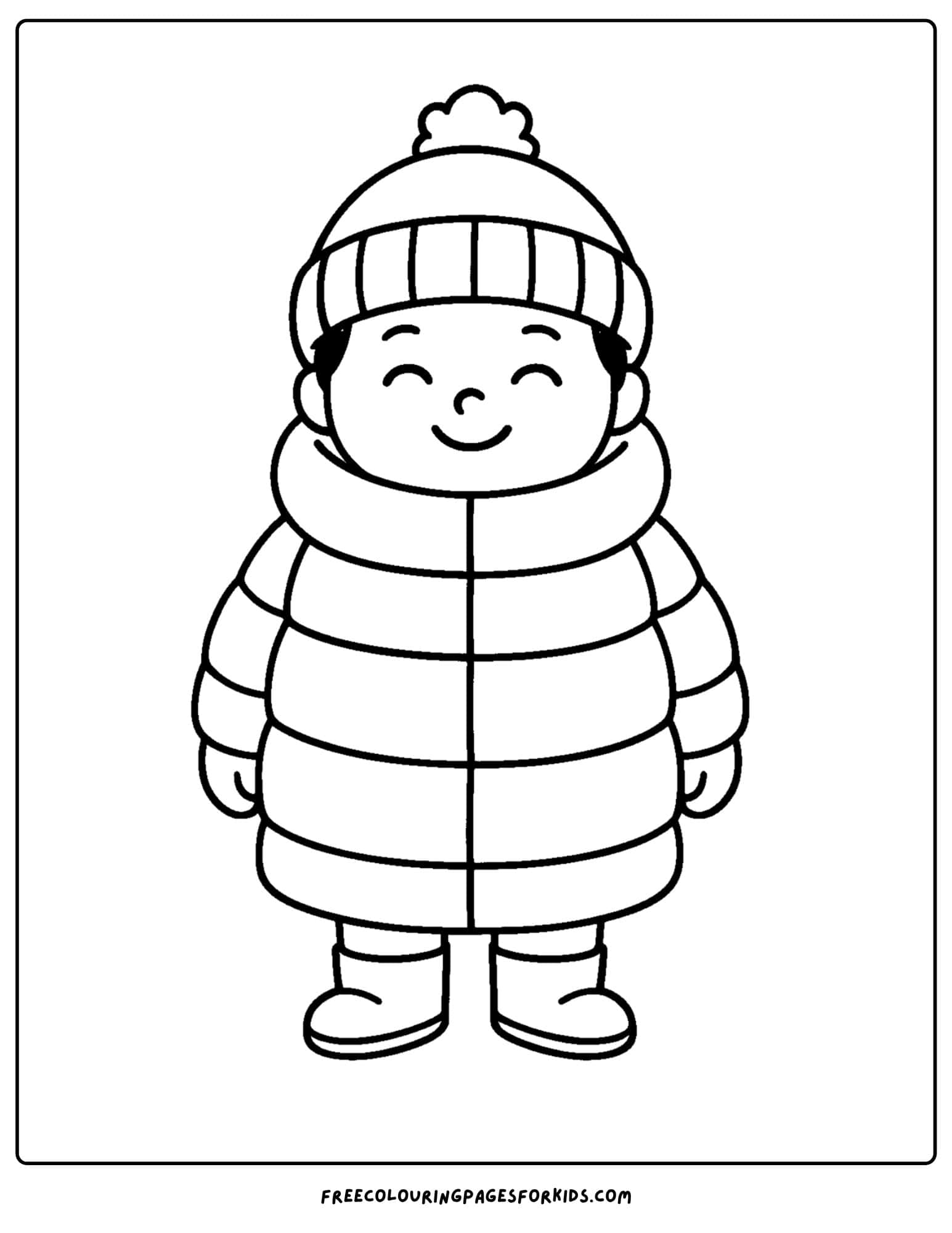 a snow coloring page featuring a child in an oversided winter jacket