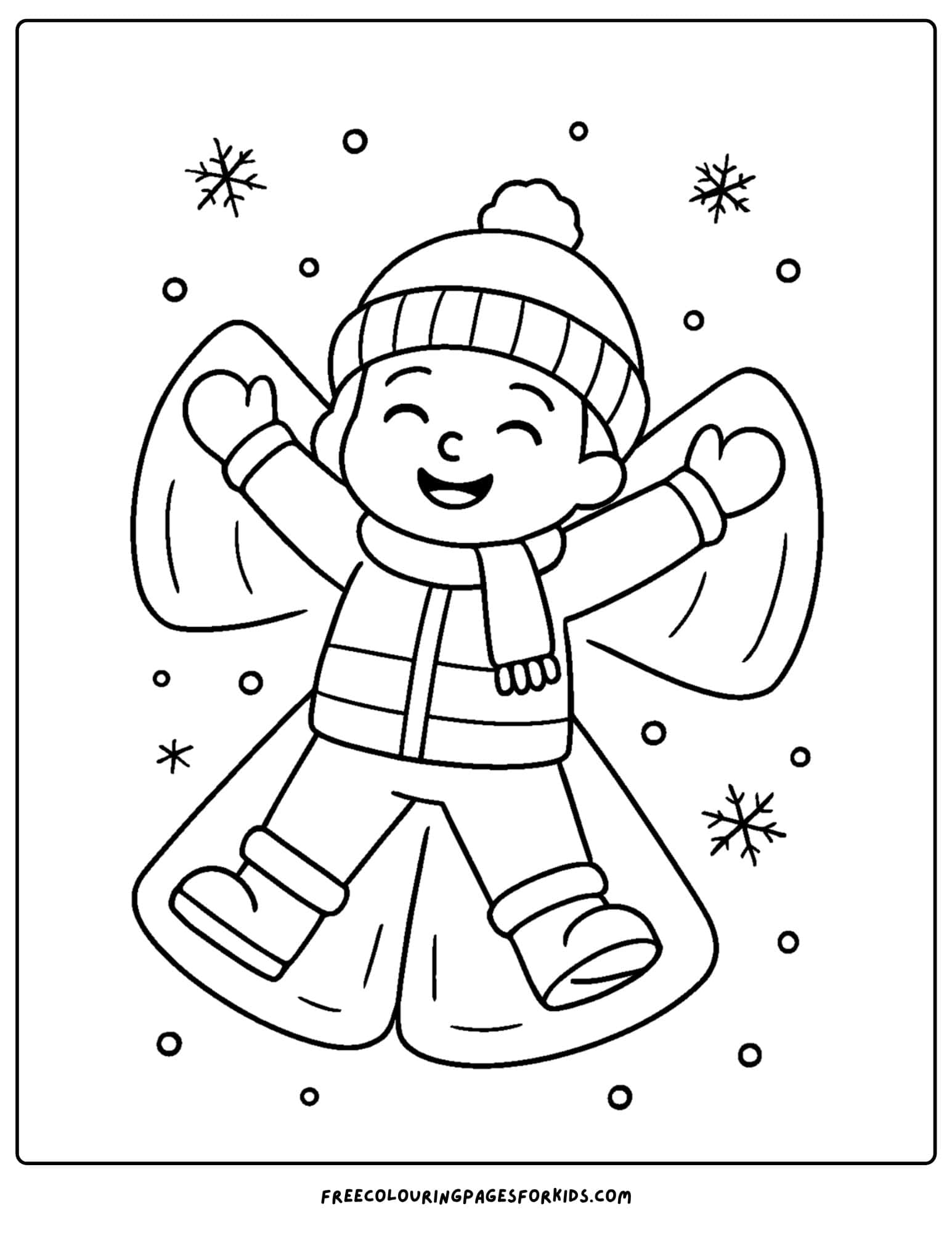 a snow coloring page featuring a child making a snow angel