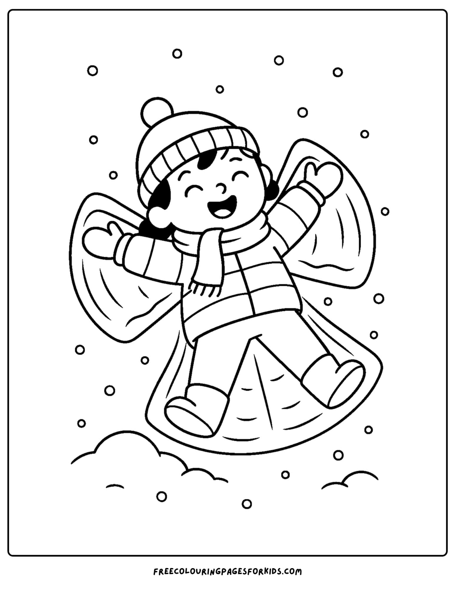 a snow coloring page featuring a child making an angel in the snow