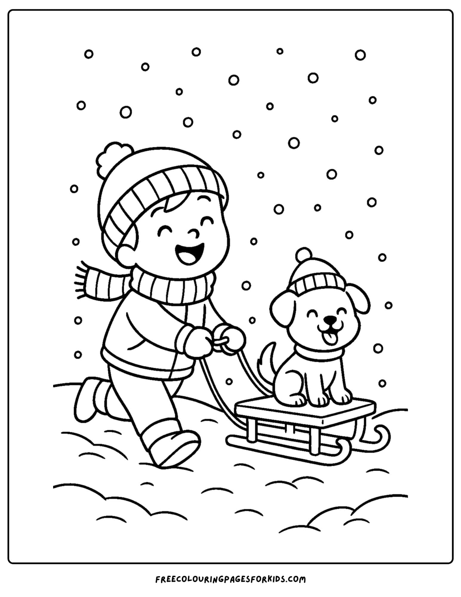a snow coloring page featuring a child pulling a dog on a sled
