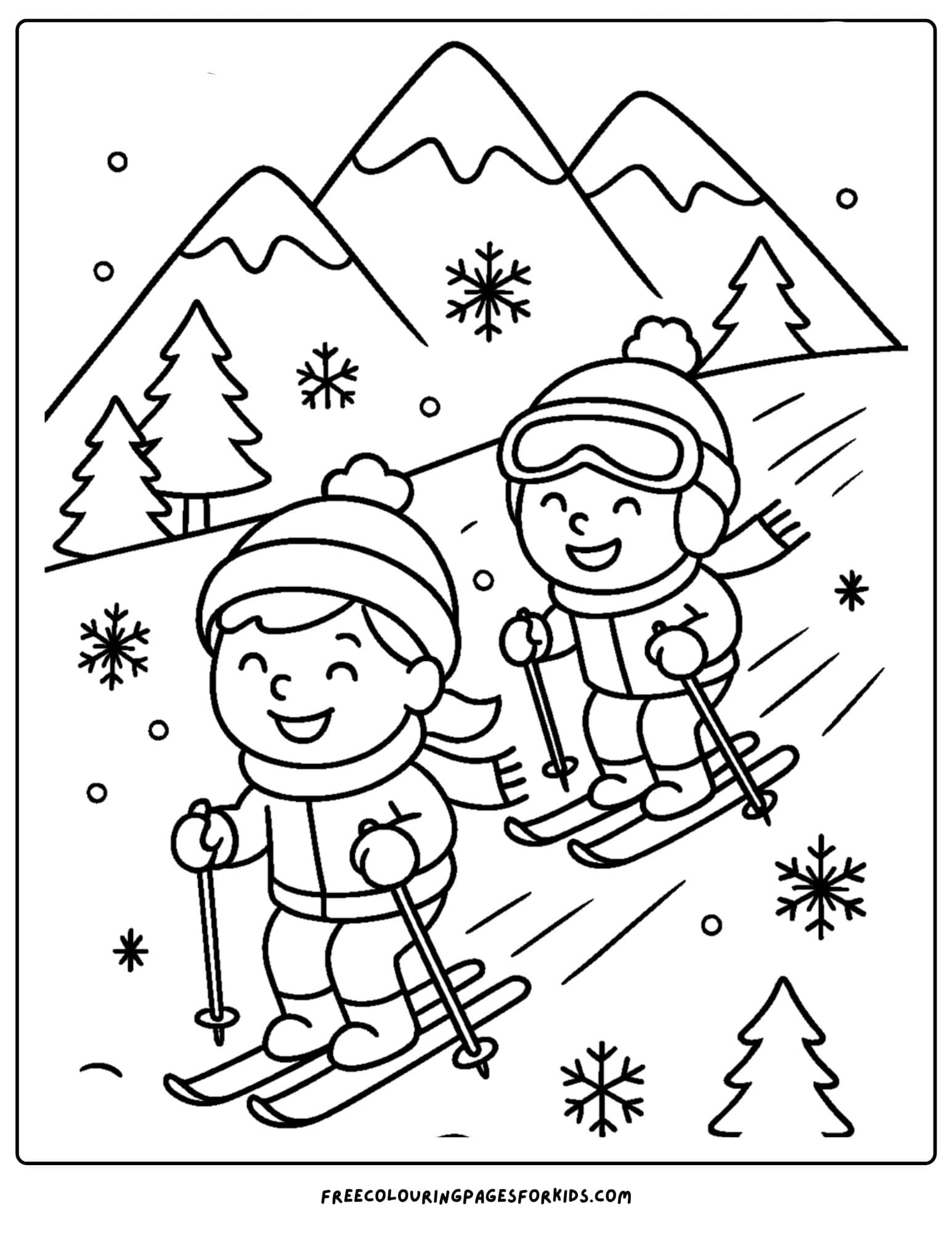 a snow coloring page featuring children sking down a hill