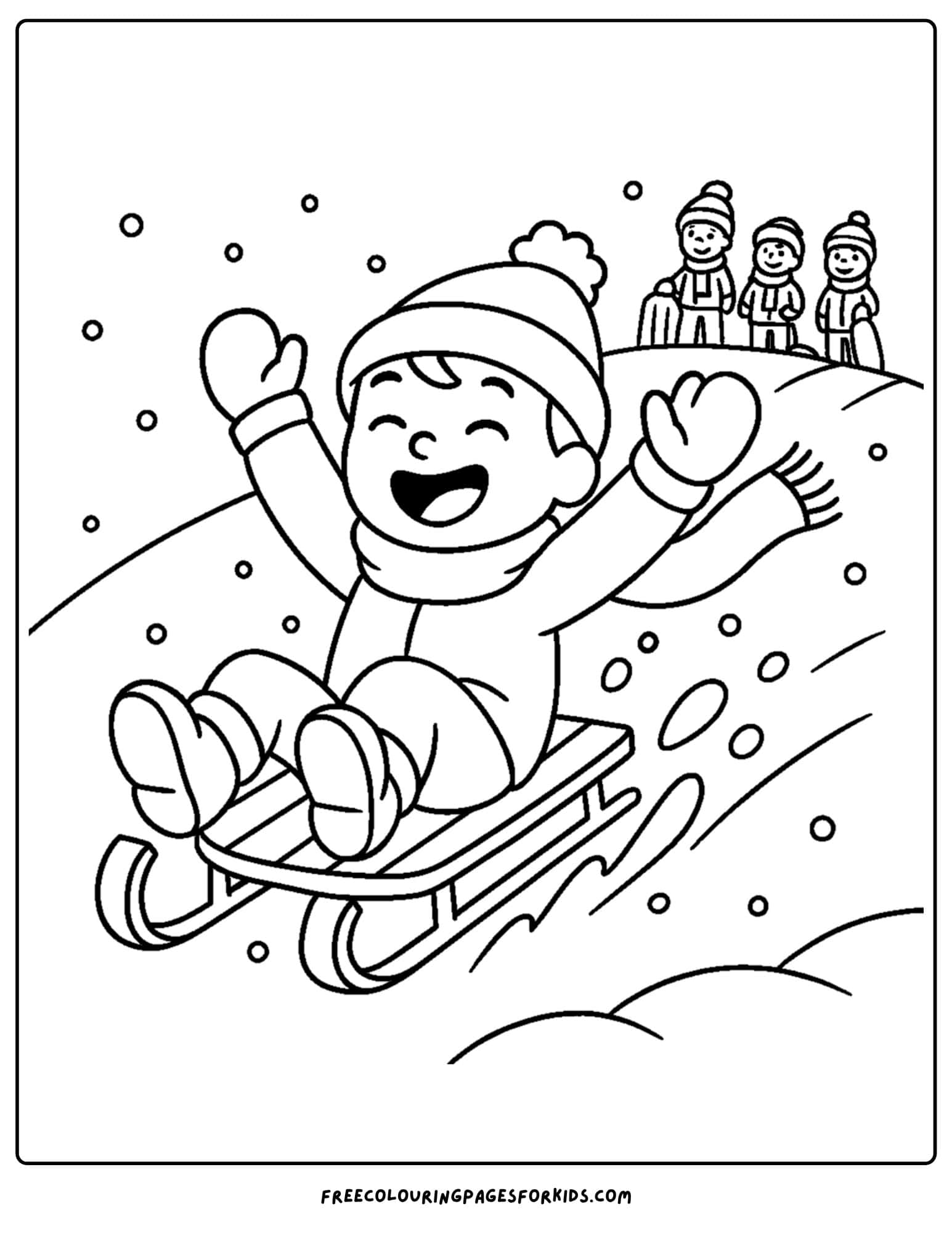 a snow coloring page featuring a child sledding down a slope