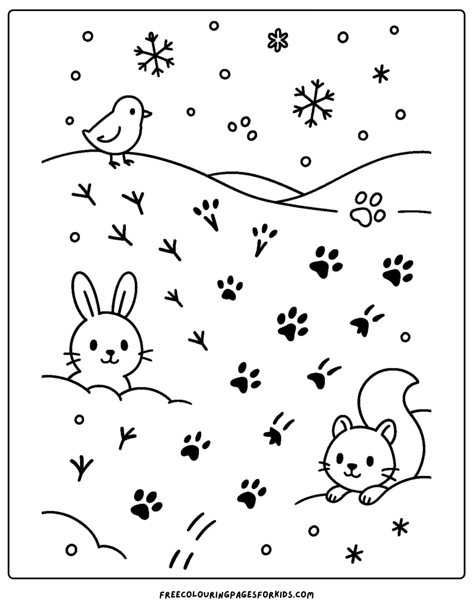 a snow coloring page featuring animals in the snow