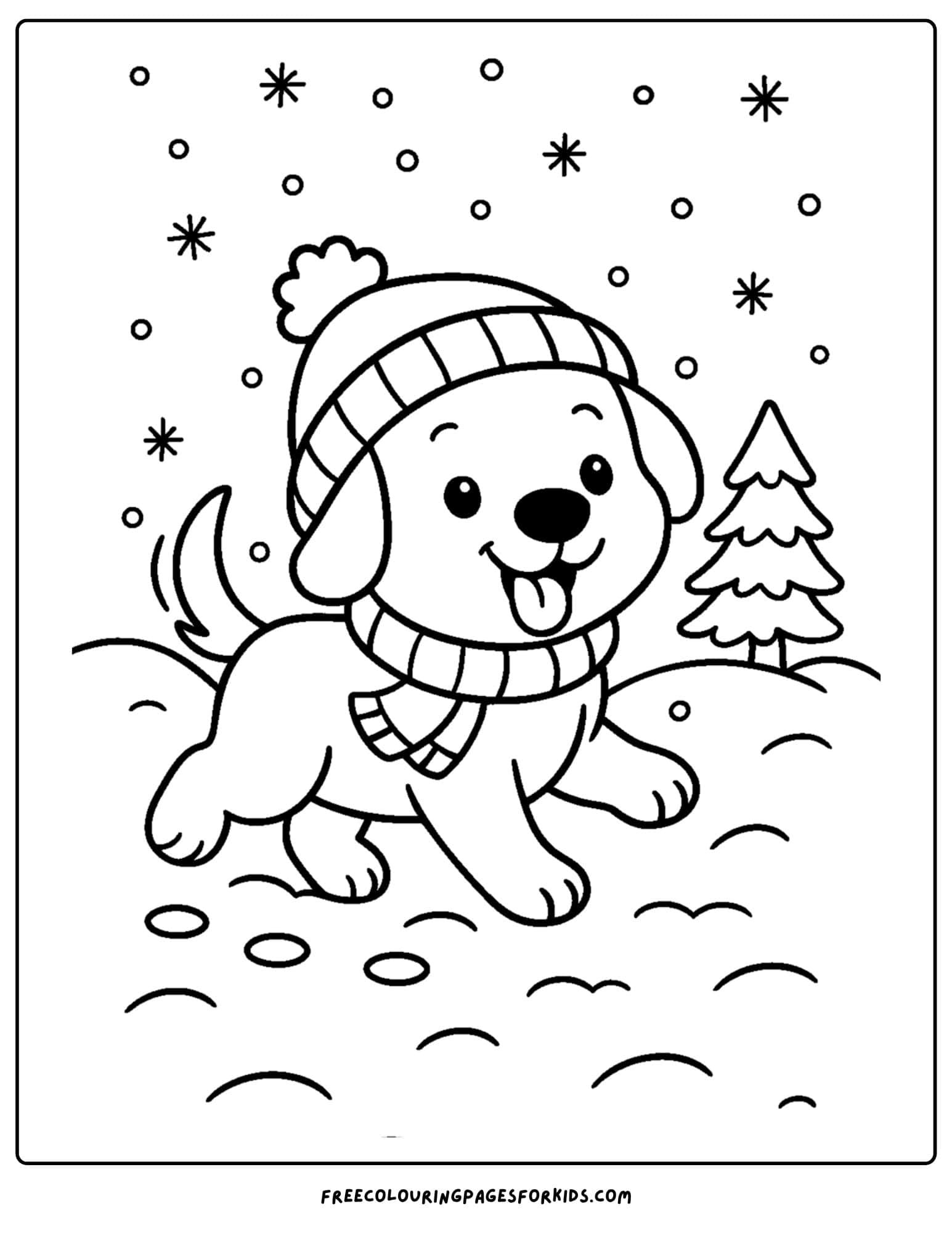a snow coloring page featuring a dog running in the snow