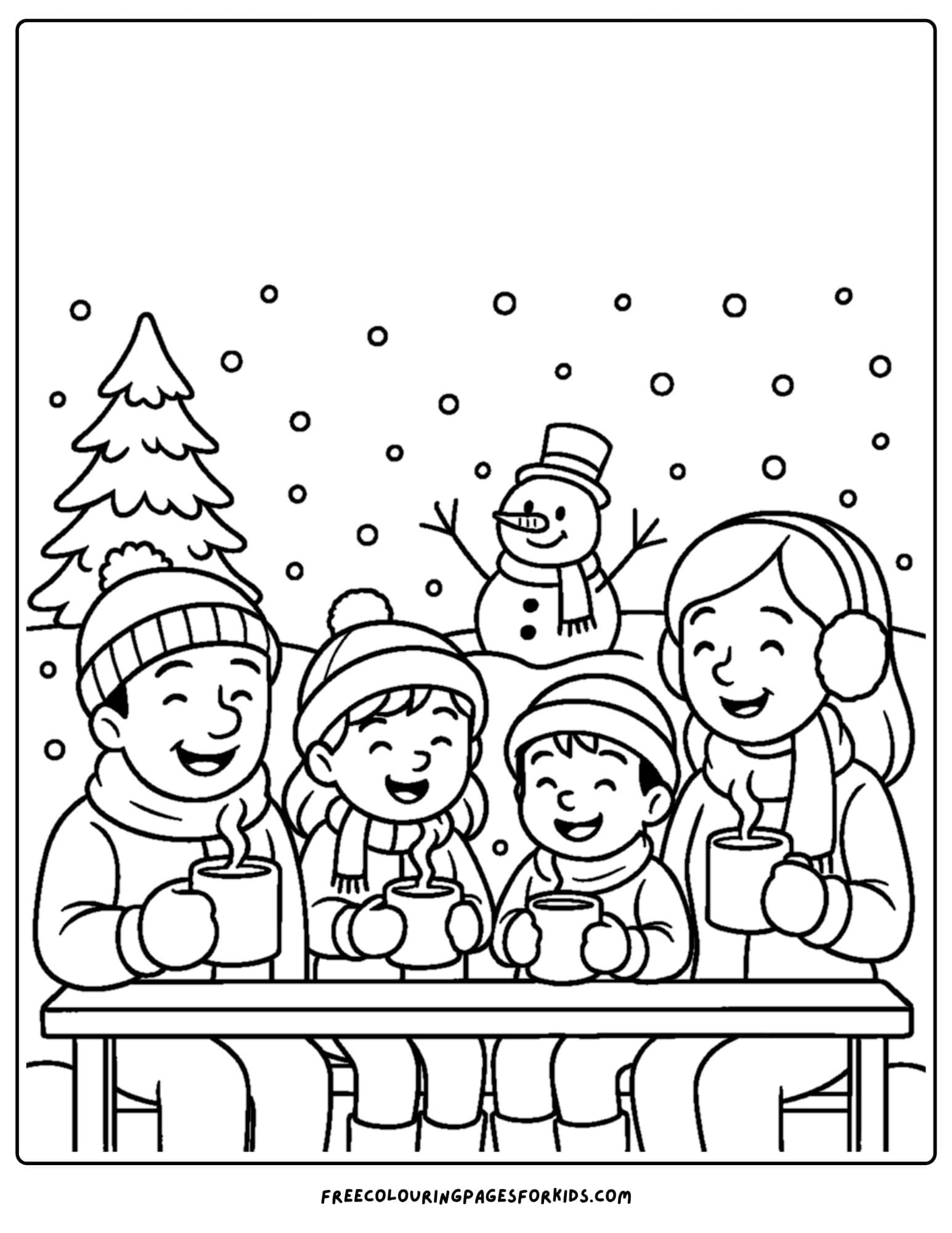 a snow coloring page featuring a family drinking hot cocoa at a table in the snow