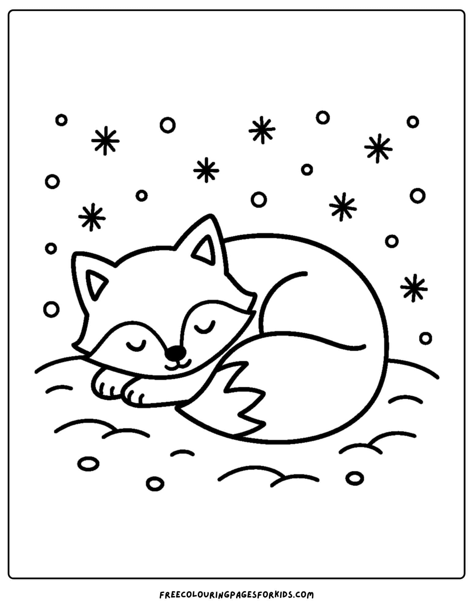 a snow coloring page featuring a fox sleeping in the snow