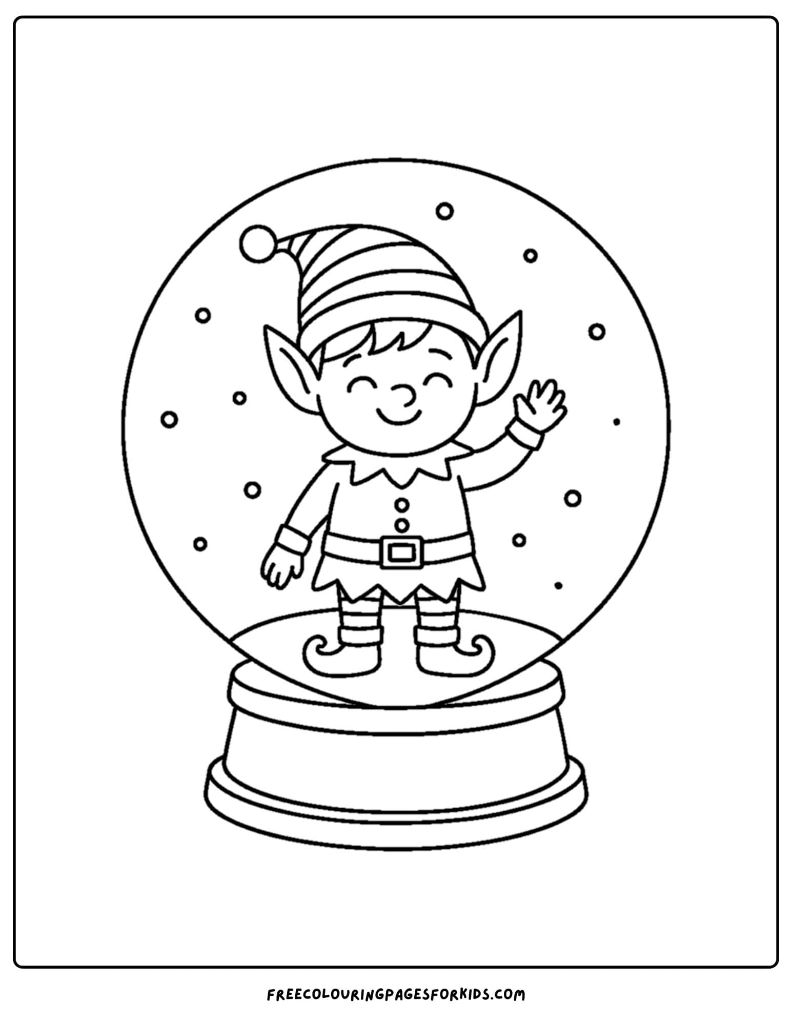 a snow globe coloring page featuring a cheerful elf