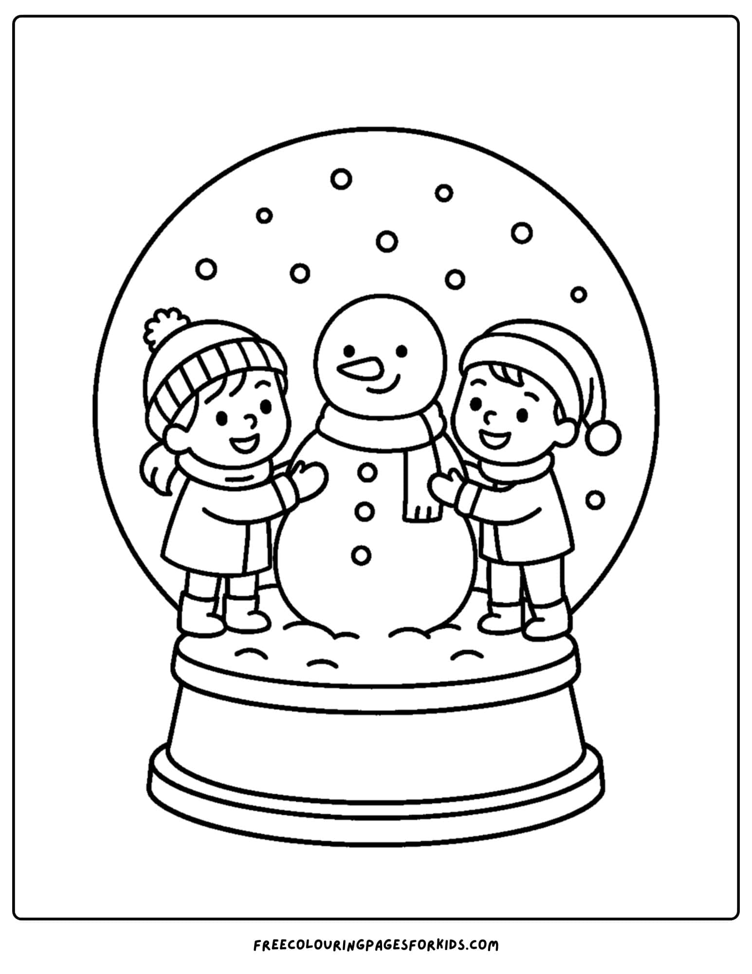 a snow globe coloring page featuring children building a snowman