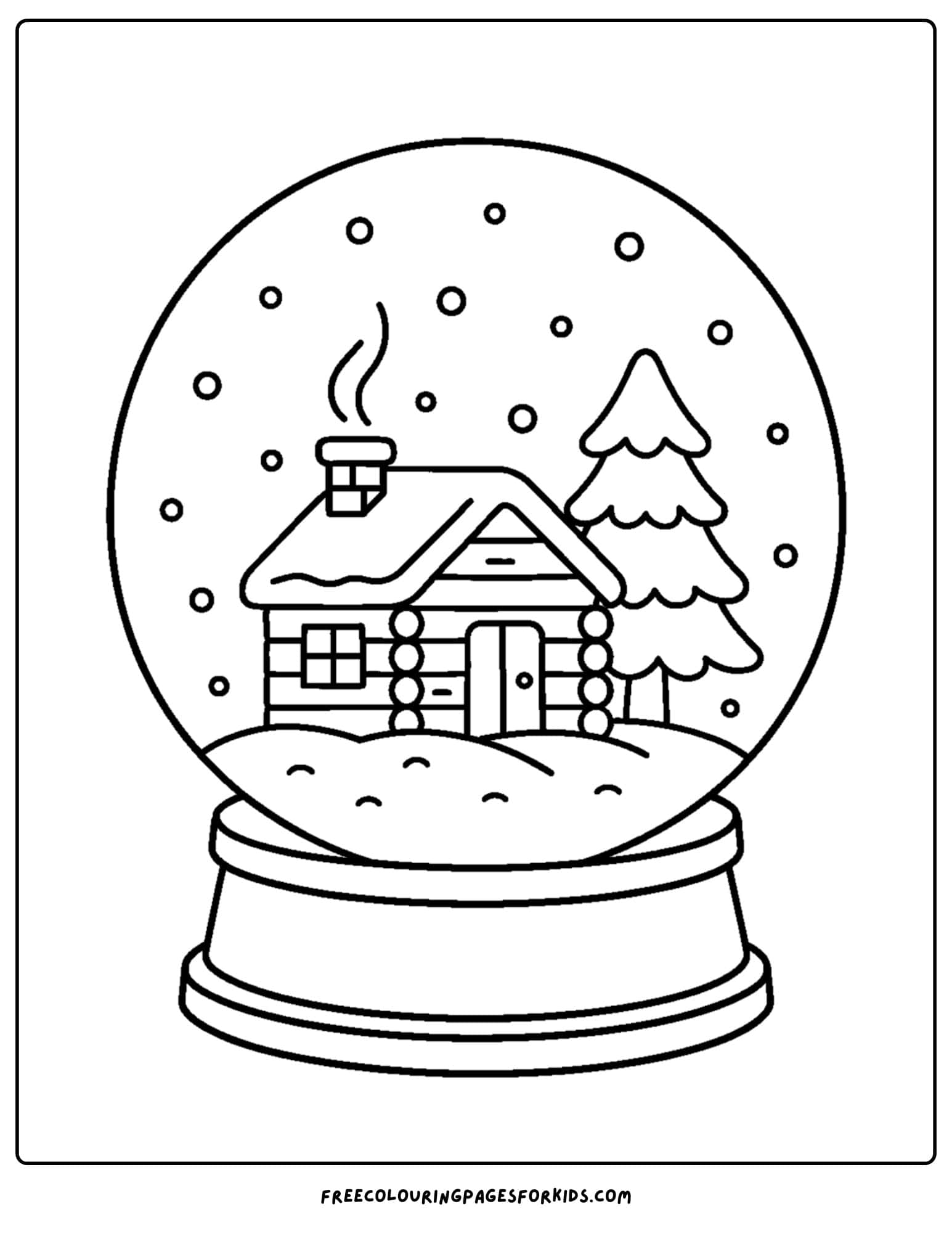 a snow globe coloring page featuring a cozy cabin